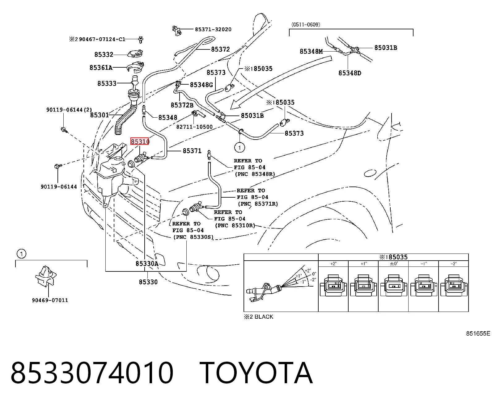 8533074010 Toyota Bomba de agua de lavado, lavado de parabrisas, delantera