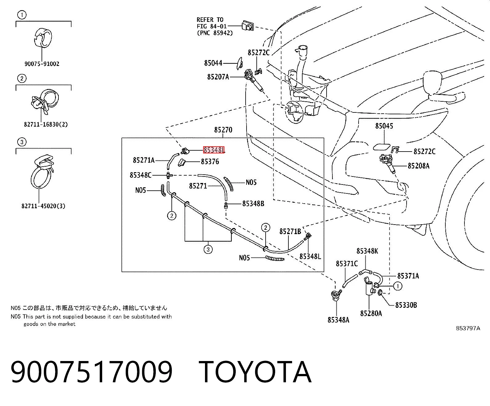 9007517009 Toyota Conector de tubos del lavaparabrisas