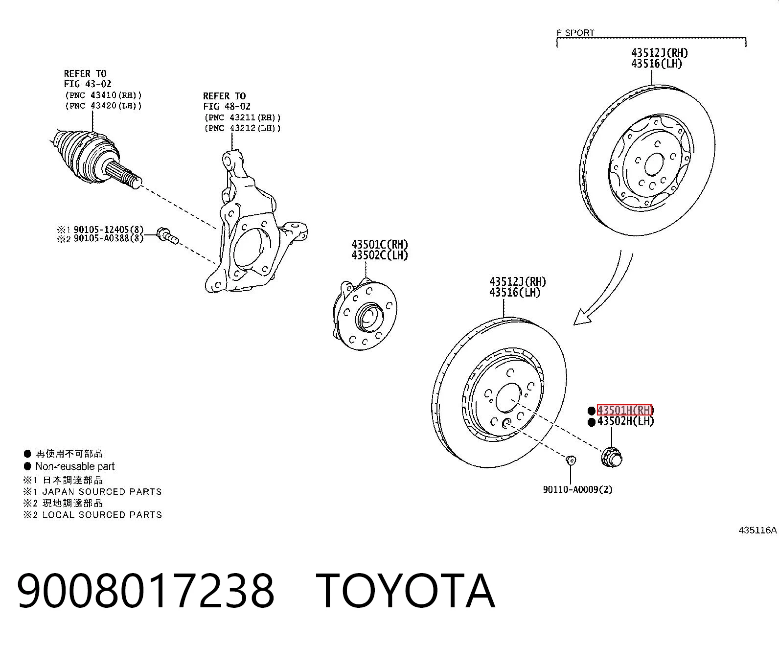 9008017238 Toyota Tuerca del cubo de la rueda delantera