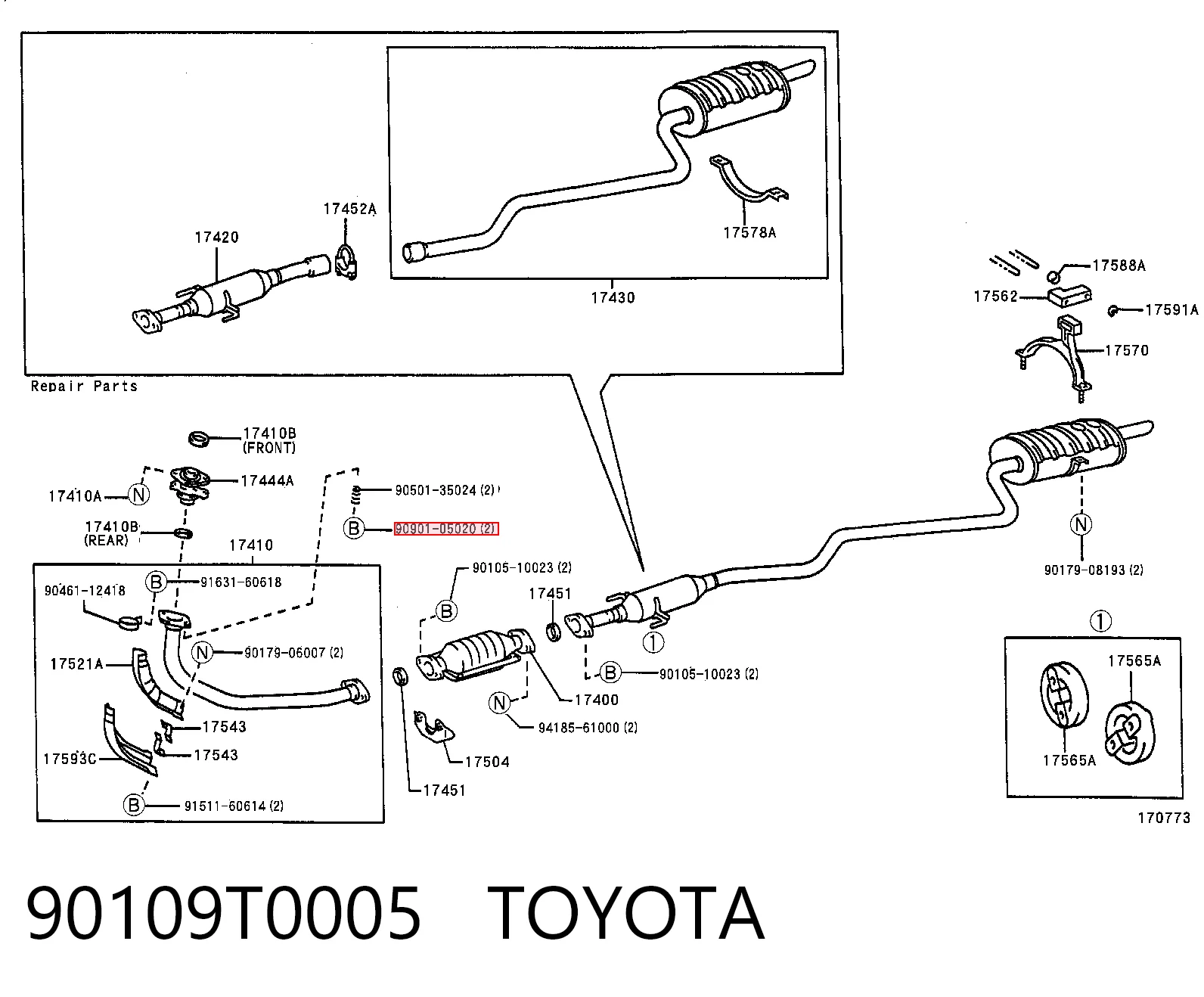 90109T0005 Toyota Perno del sistema de escape (silenciador)