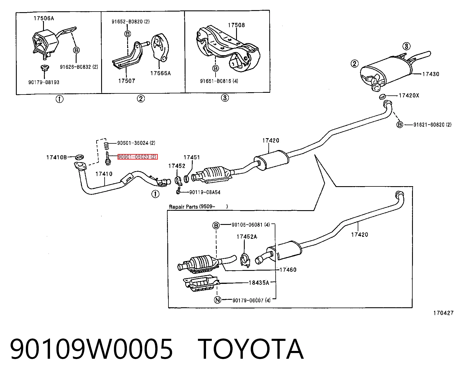 90109W0005 Toyota Perno del sistema de escape (silenciador)