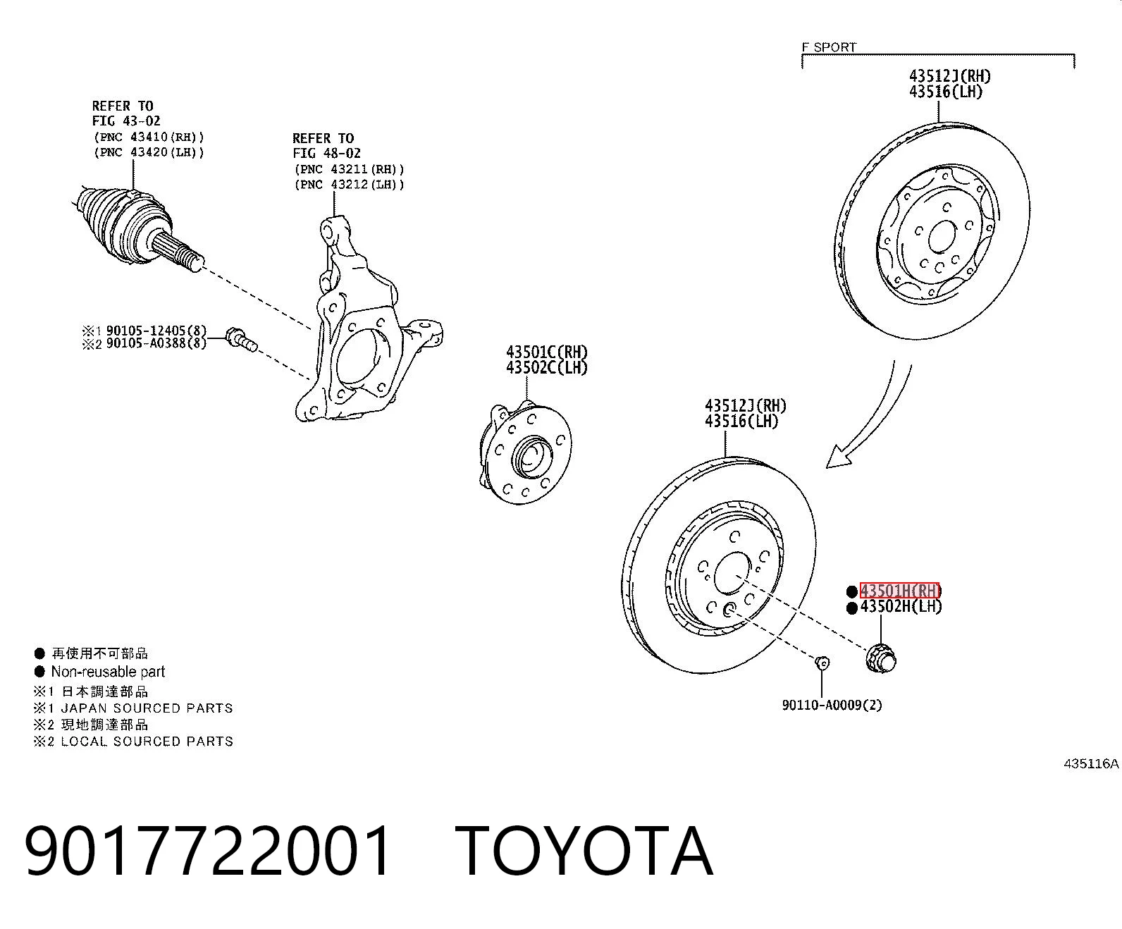 9017722001 Toyota Tuerca del cubo de la rueda delantera