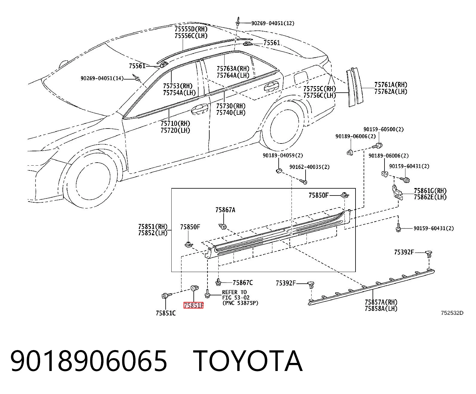 9018906065 Toyota Clip de fijación del guardabarros delantero