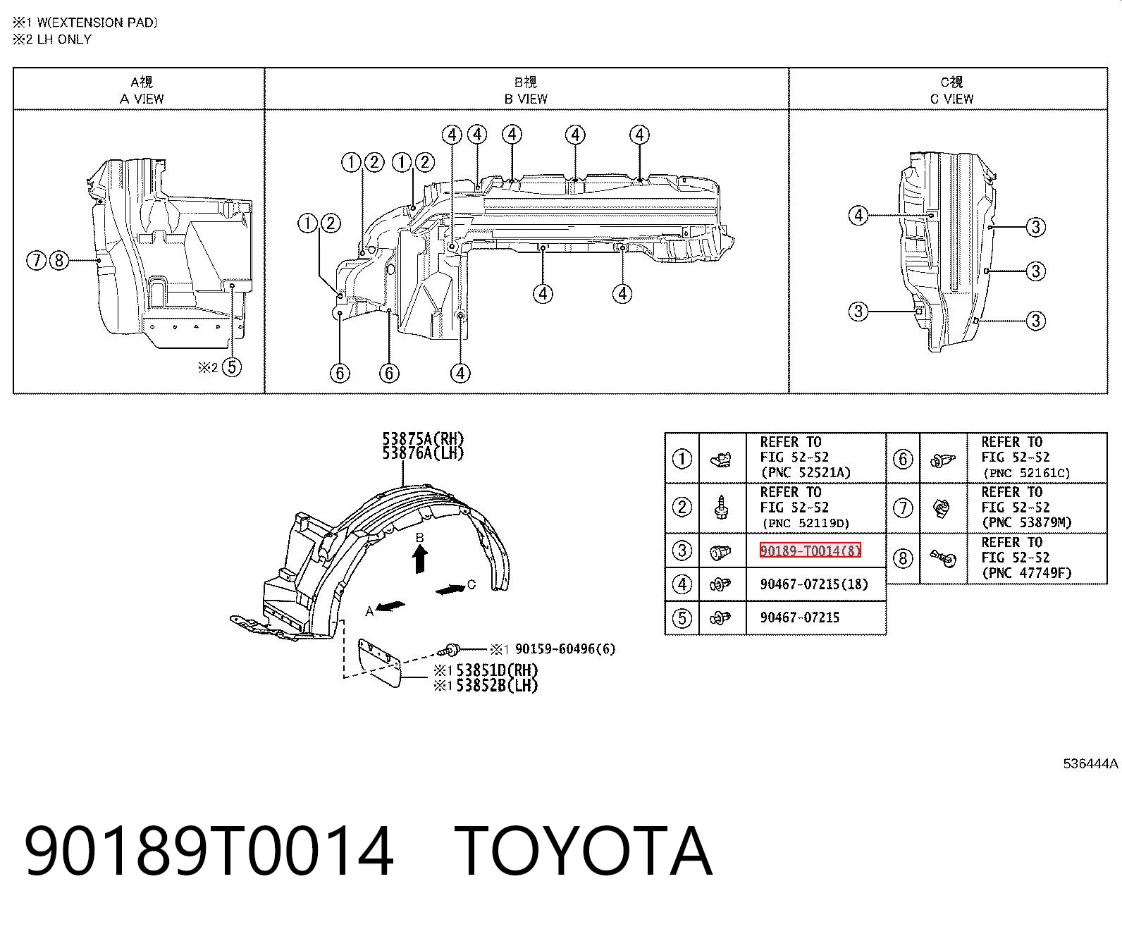 90189T0014 Toyota Clip de fijación del guardabarros delantero