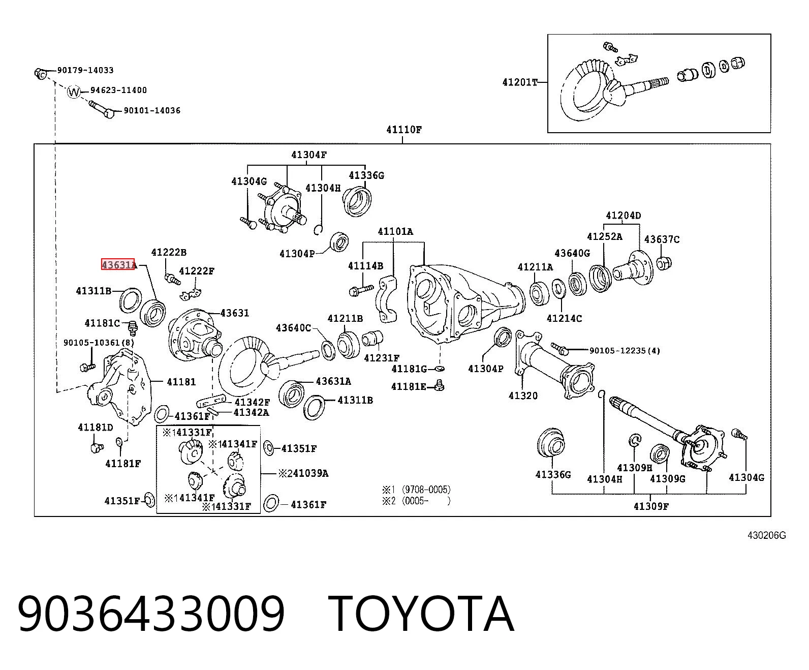 9036433009 Toyota Cojinete del diferencial del eje delantero