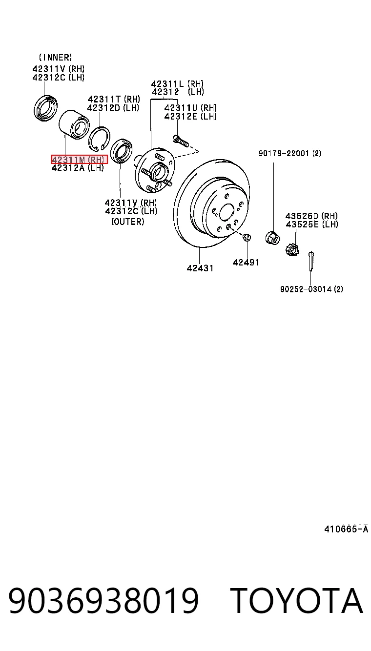 9036938019 Toyota Rodamiento de rueda trasera