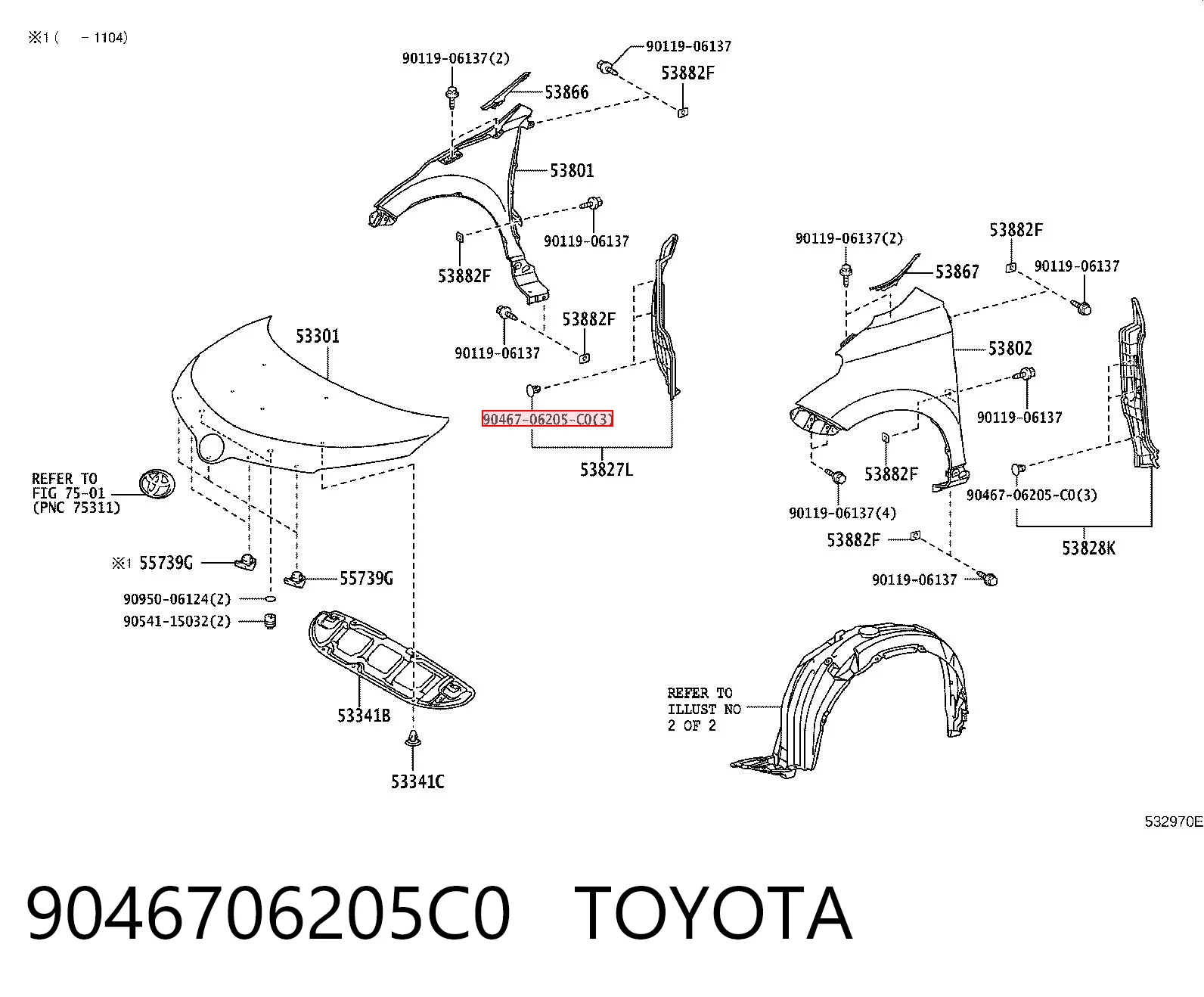 9046706205C0 Toyota Clip de fijación del guardabarros delantero