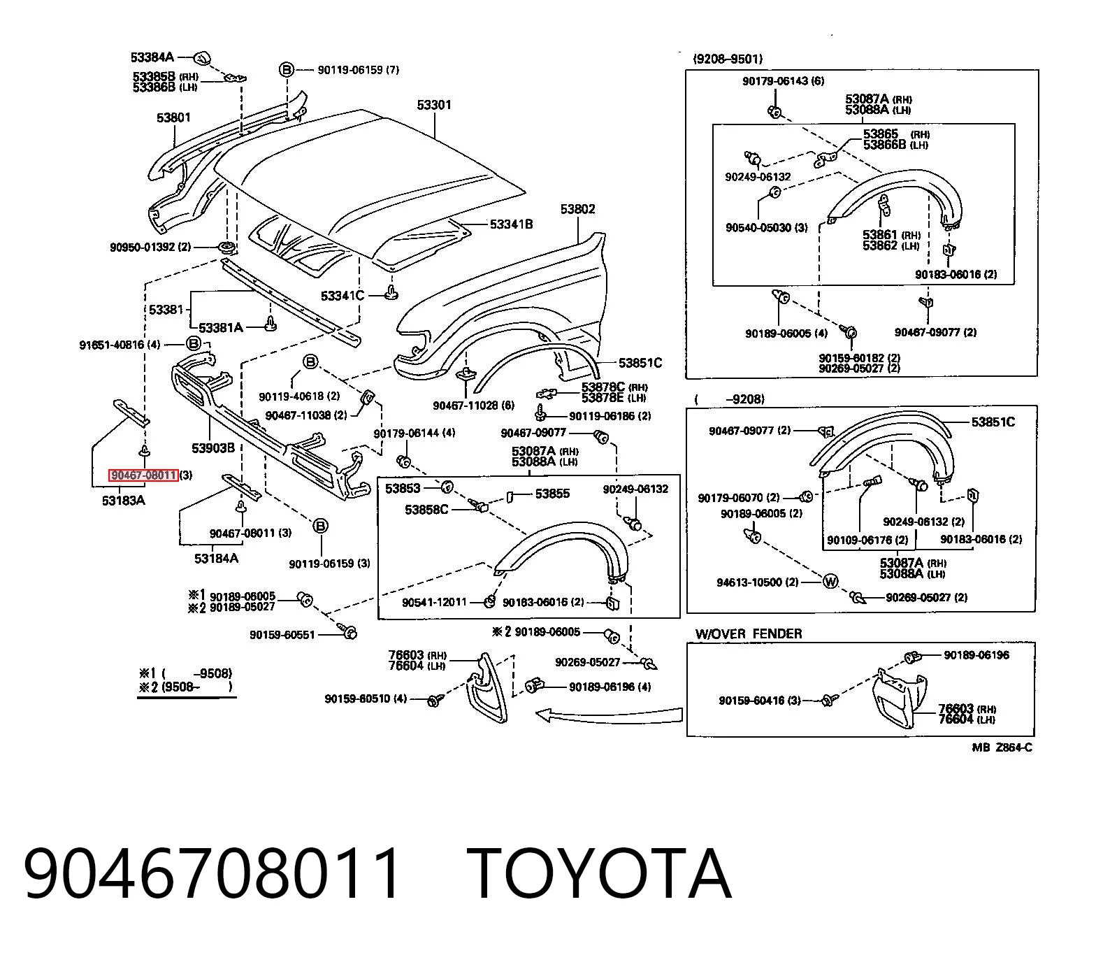 9046708011 Toyota Clip de fijación del guardabarros delantero