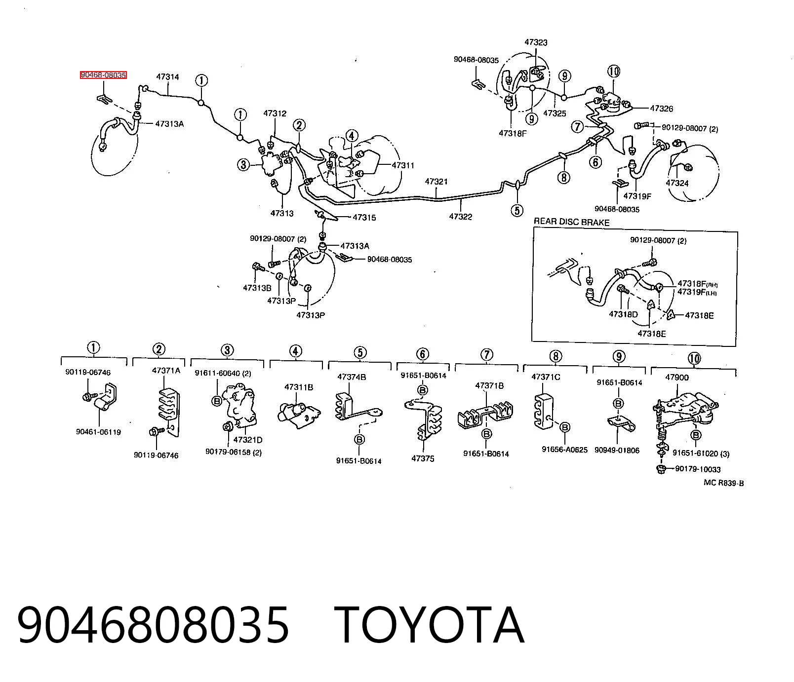 9046808035 Toyota Abrazadera de fijación de la manguera de freno