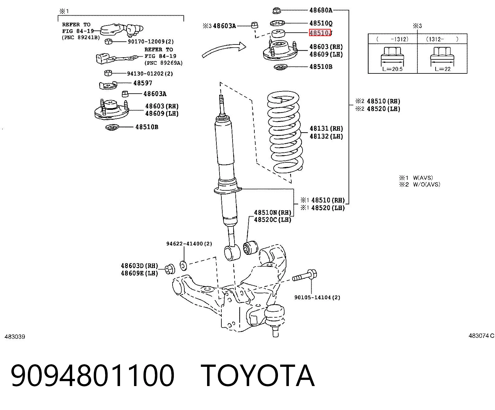 9094801100 Toyota Buje de vástago de amortiguador delantero