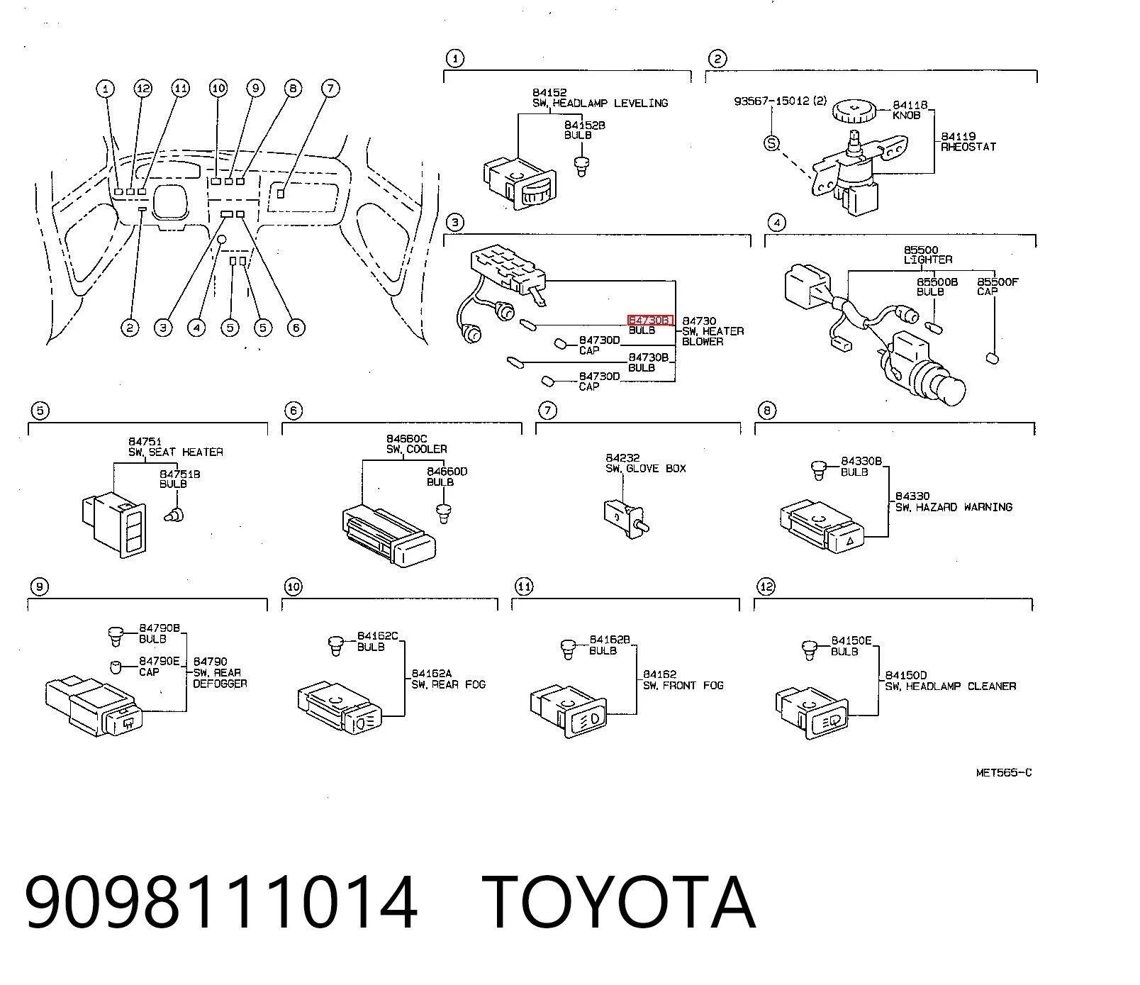 9098111014 Toyota Lámpara de luz interior de cabina