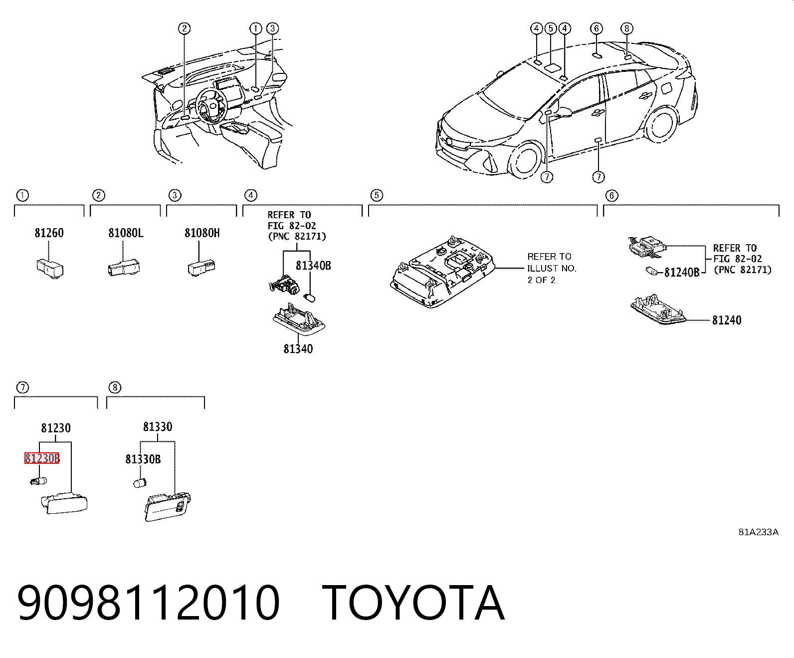 9098112010 Toyota Lámpara de luz interior de cabina