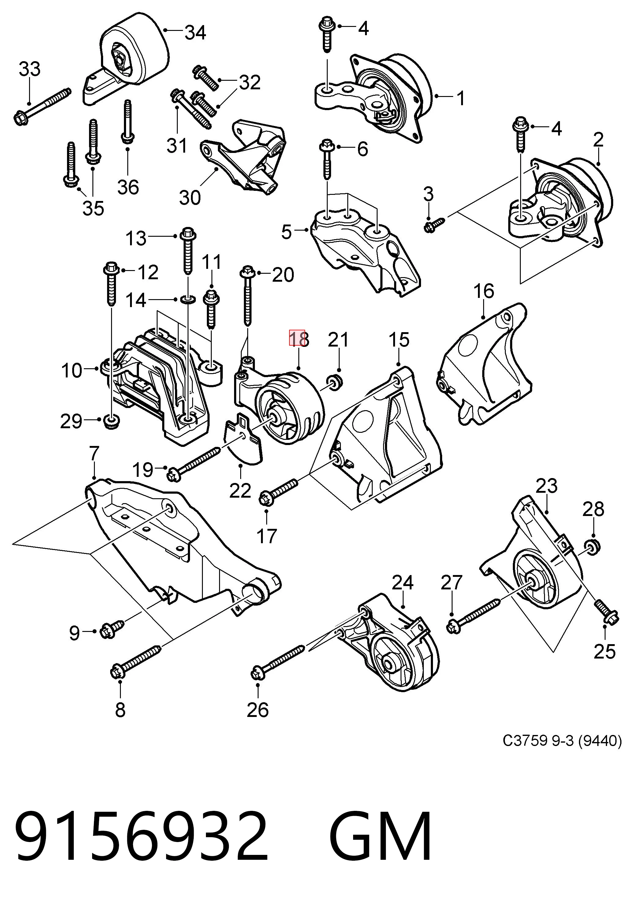 Soporte trasero del motor 9156932 GM