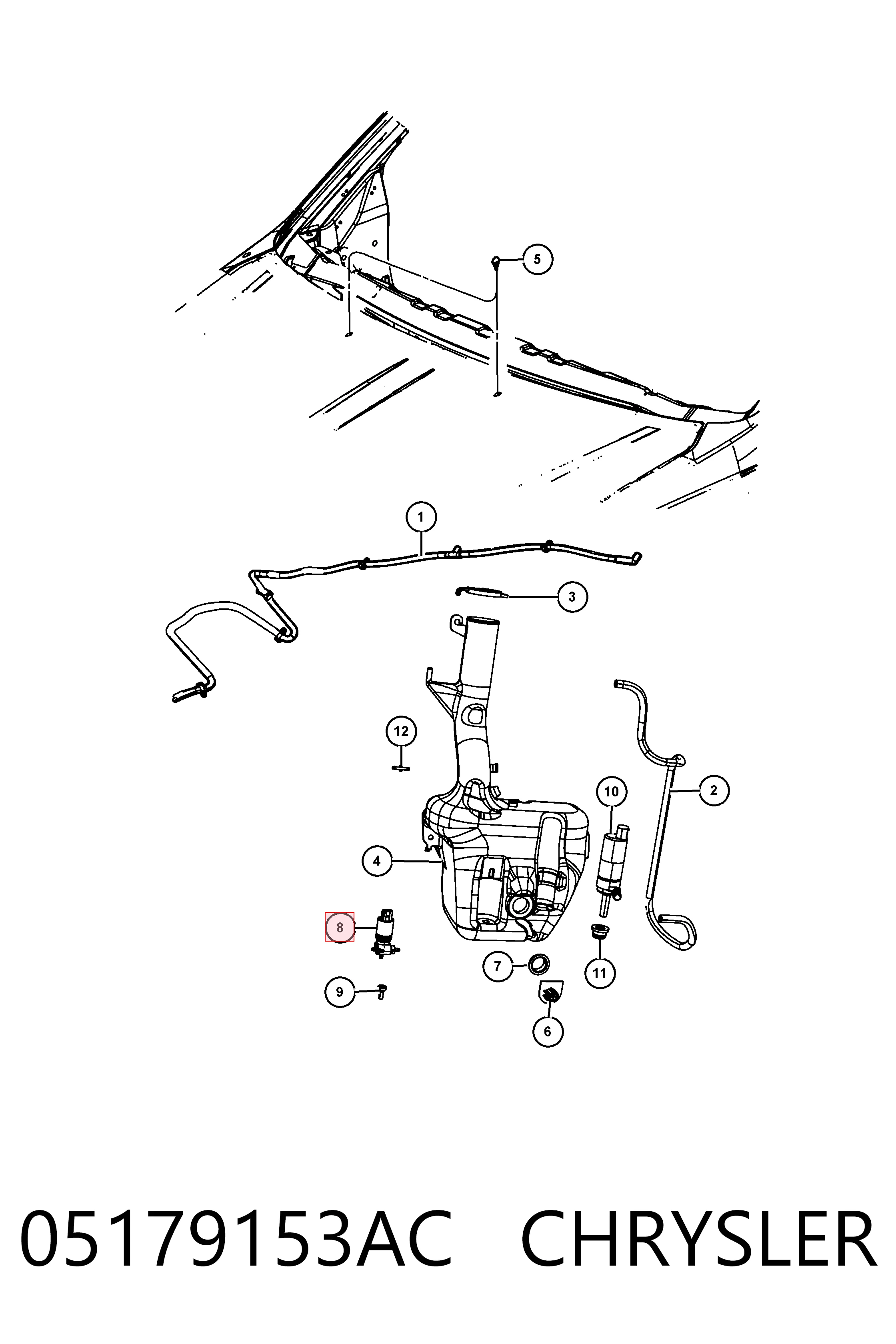 05179153AC Chrysler Bomba de agua de lavado, lavado de parabrisas, delantera