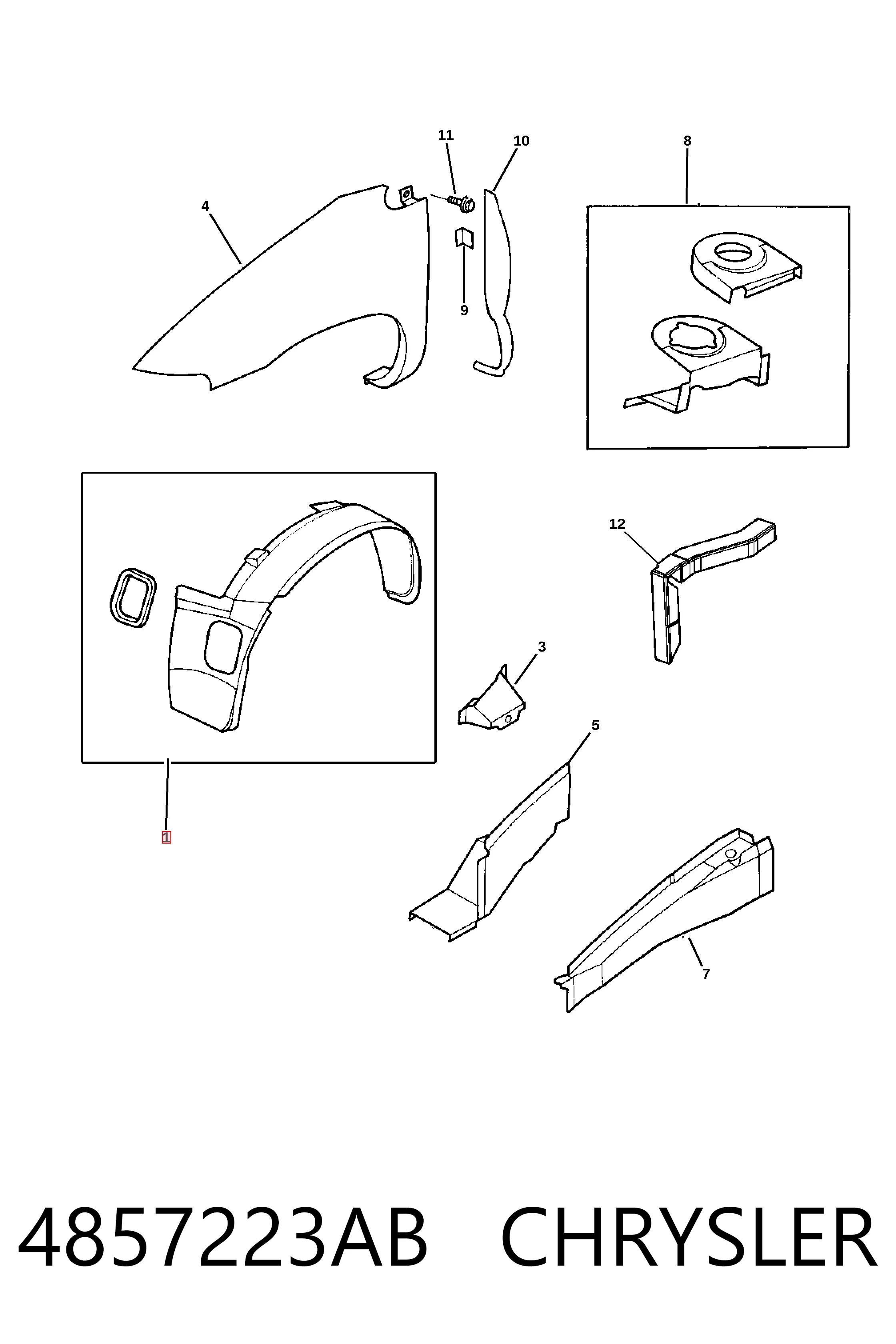 4857223AB Chrysler Guardalodos interior izquierdo, guardafango delantero