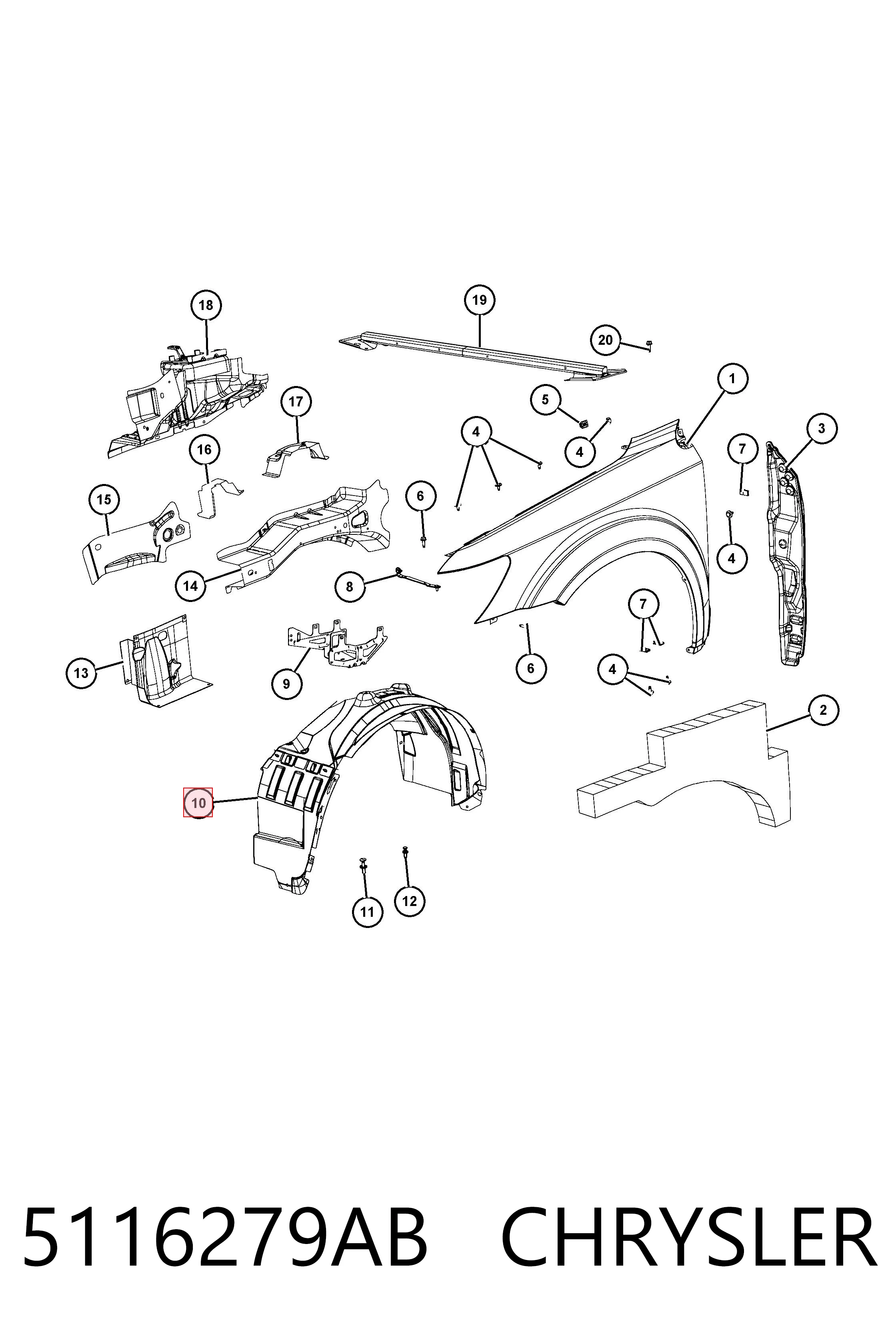 Guardalodos interior izquierdo, guardafango delantero 5116279AB CHRYSLER