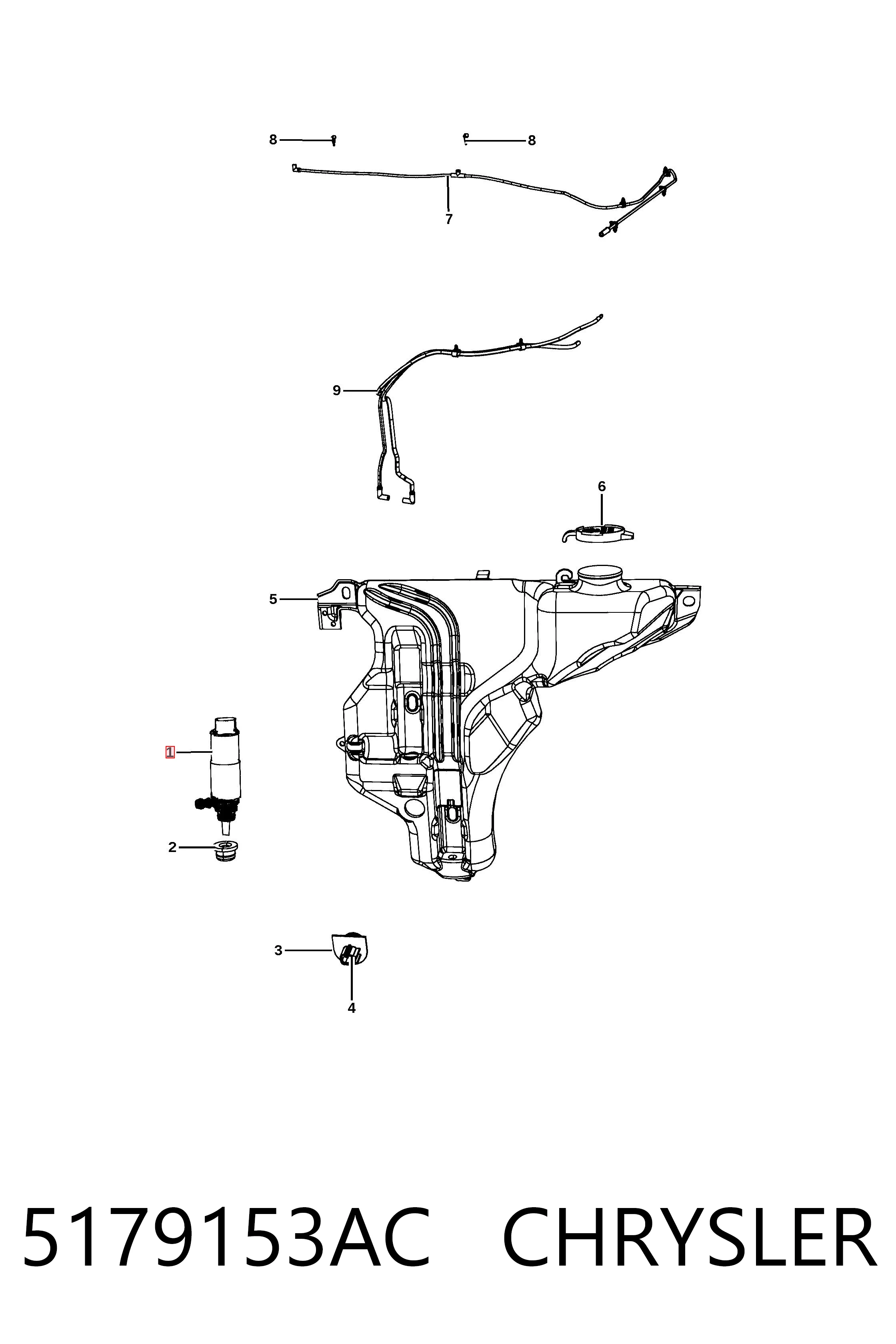 5179153AC Chrysler Bomba de agua de lavado, lavado de parabrisas, delantera
