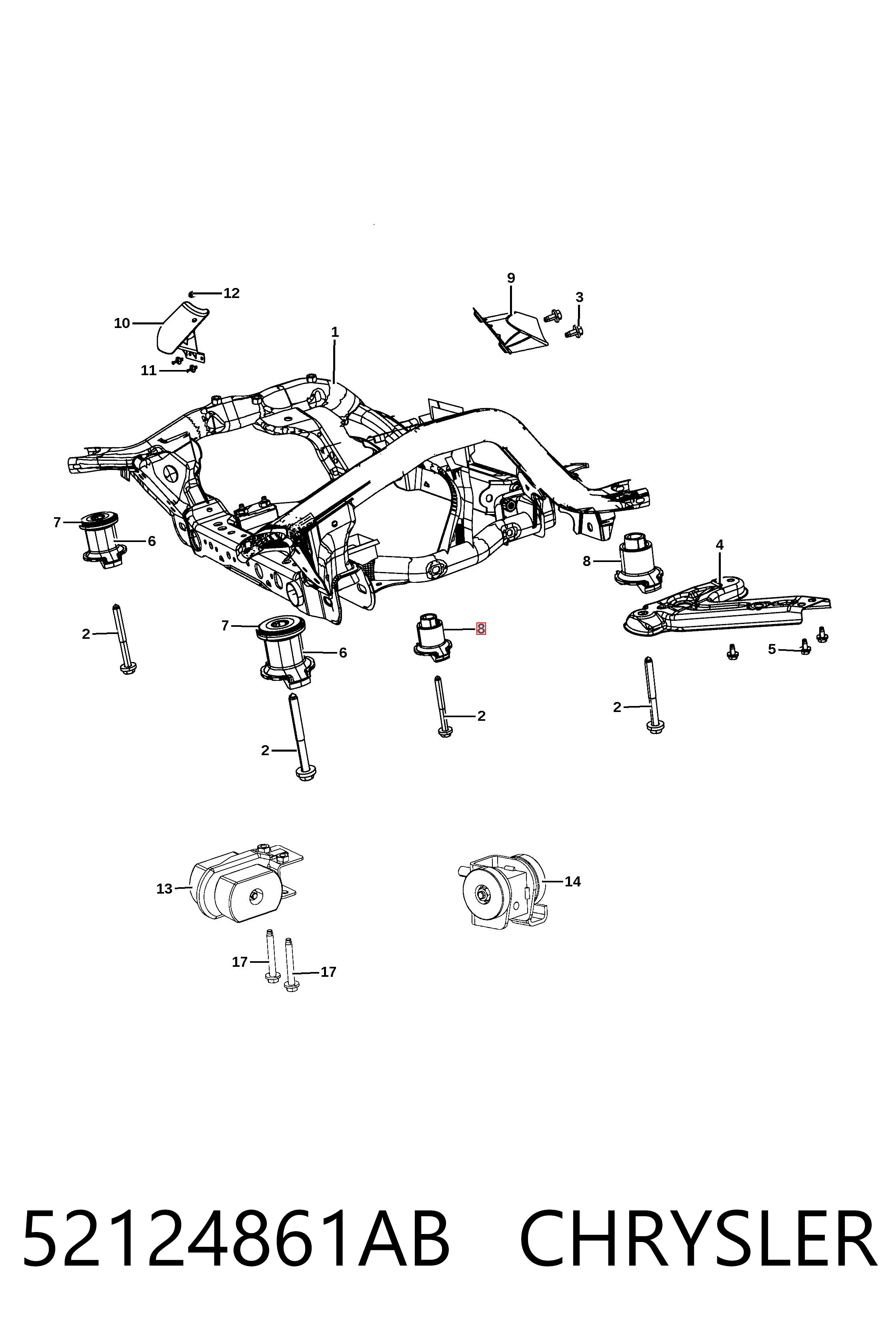52124861AB Chrysler Buje silencioso del subchasis delantero