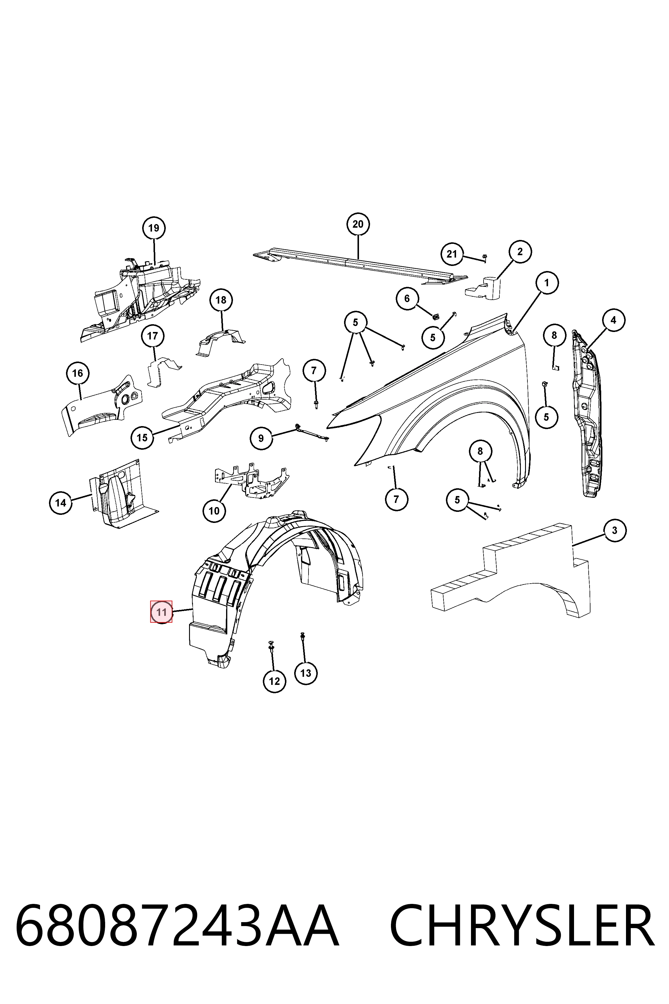 Guardalodos interior izquierdo, guardafango delantero 68087243AA CHRYSLER