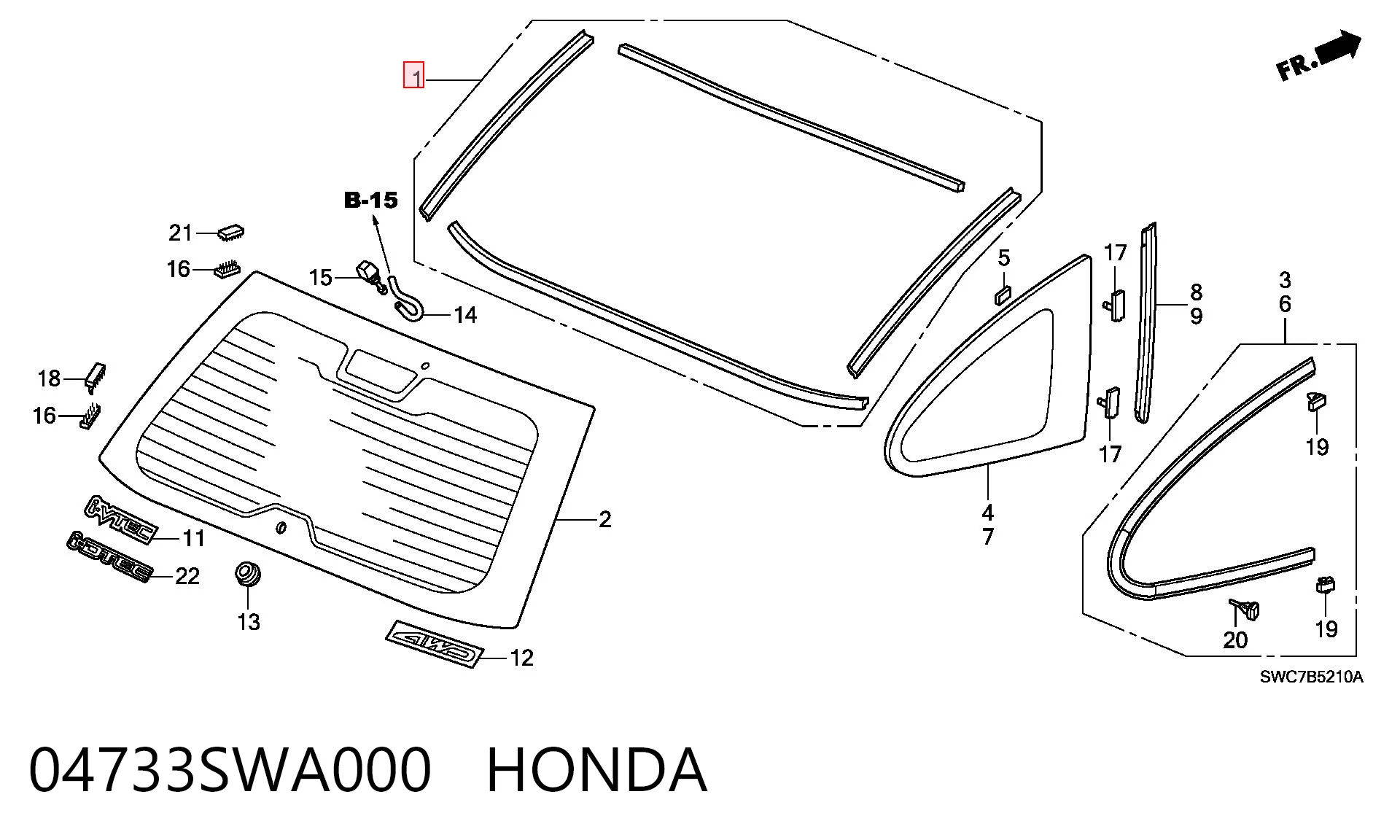 04733SWA000 Honda Moldura de cristal trasero