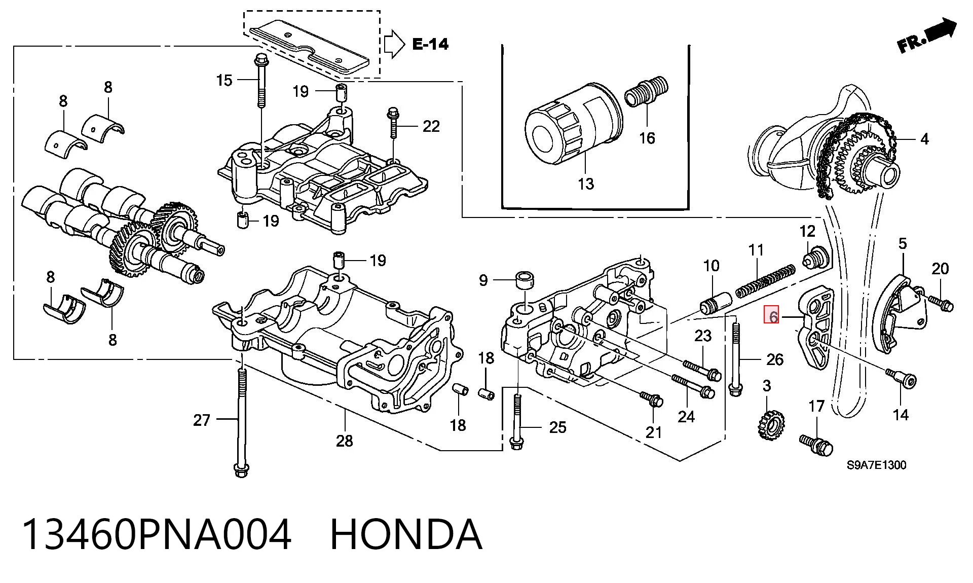 13460PNA004 Honda Guía derecha de cadena de distribución