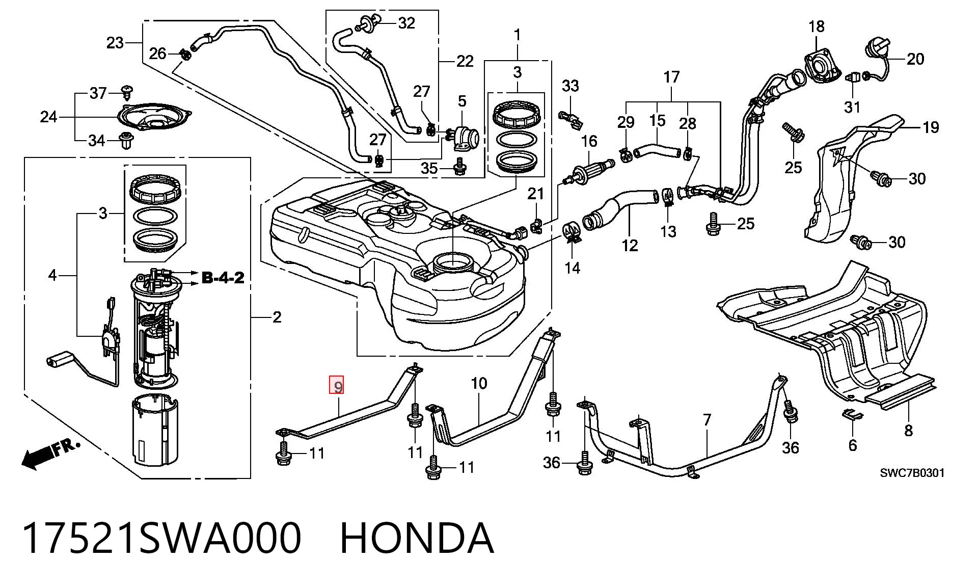 17521SWA000 Honda Soporte del tanque de combustible