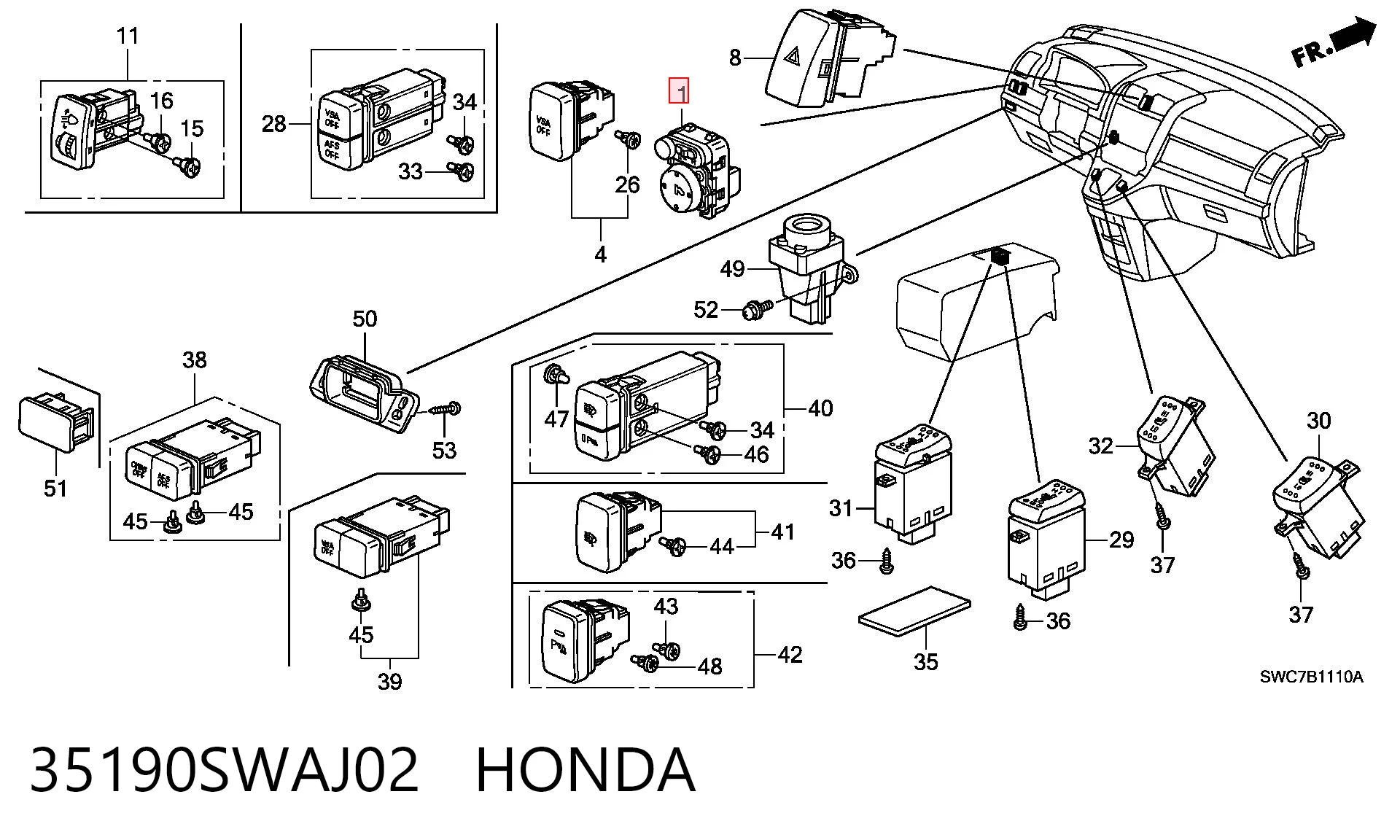 35190SWAJ02 Honda Módulo de espejos retrovisores, salpicadero