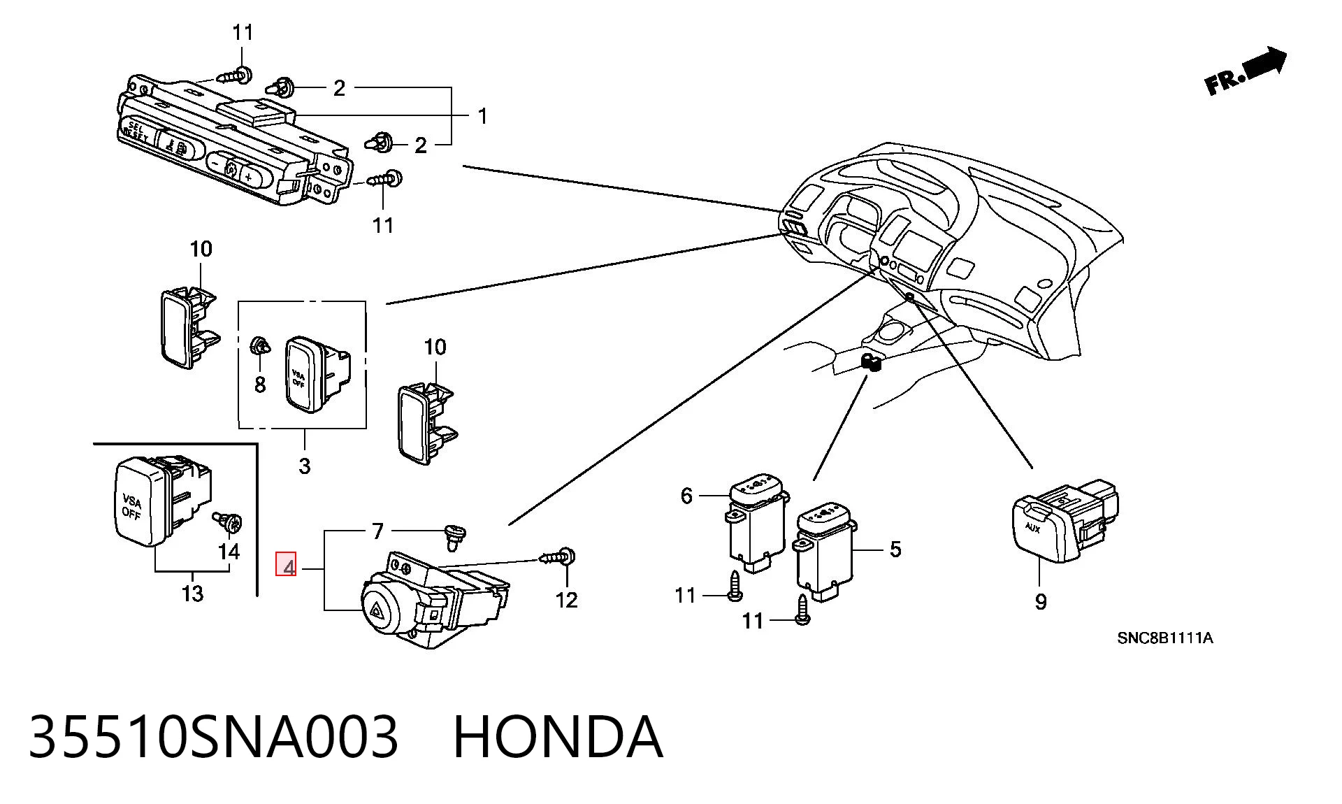 Boton de luz de emergencía para Honda Civic VIII FD, FA