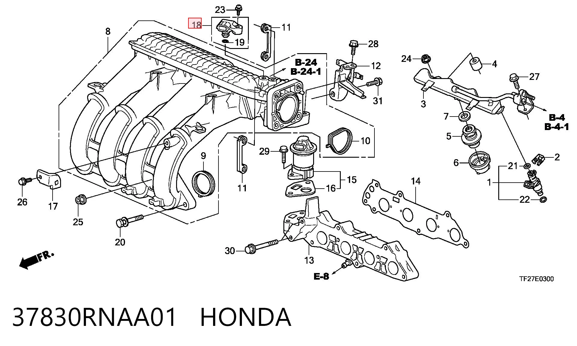 37830RNAA01 Honda Sensor, presión colector de admisión 