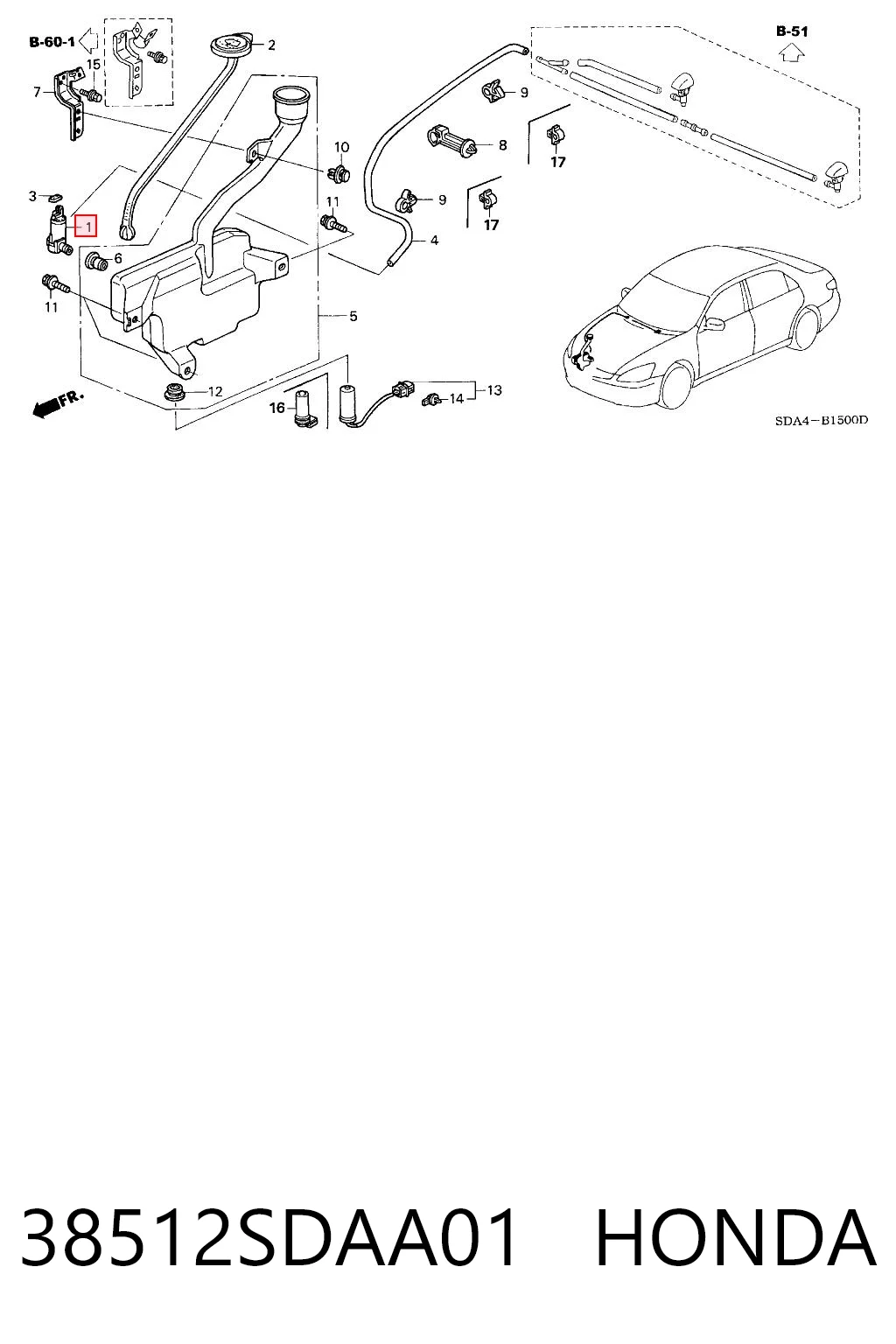 38512SDAA01 Honda Bomba-motor de limpiaparabrisas delantero/trasero