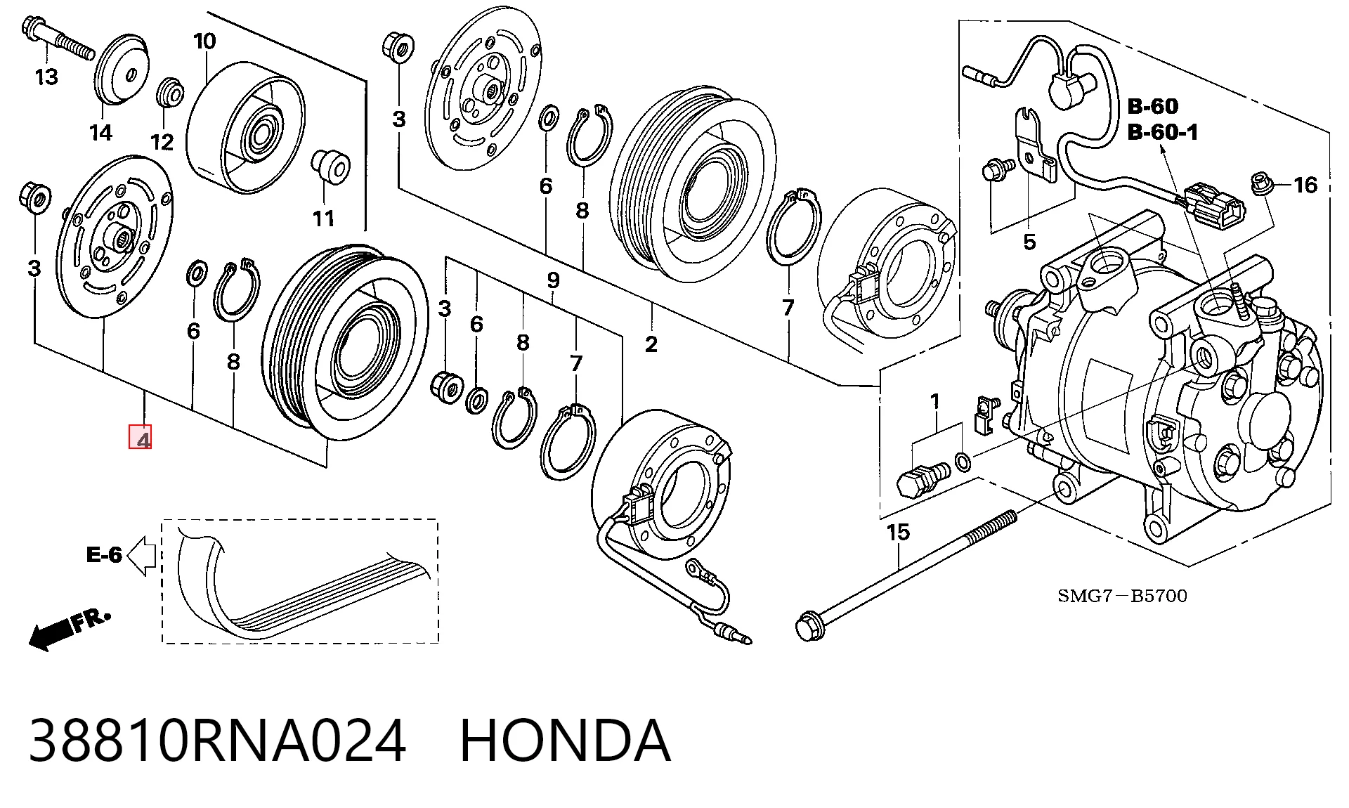 38810RNA024 Honda Polea del compresor de aire acondicionado