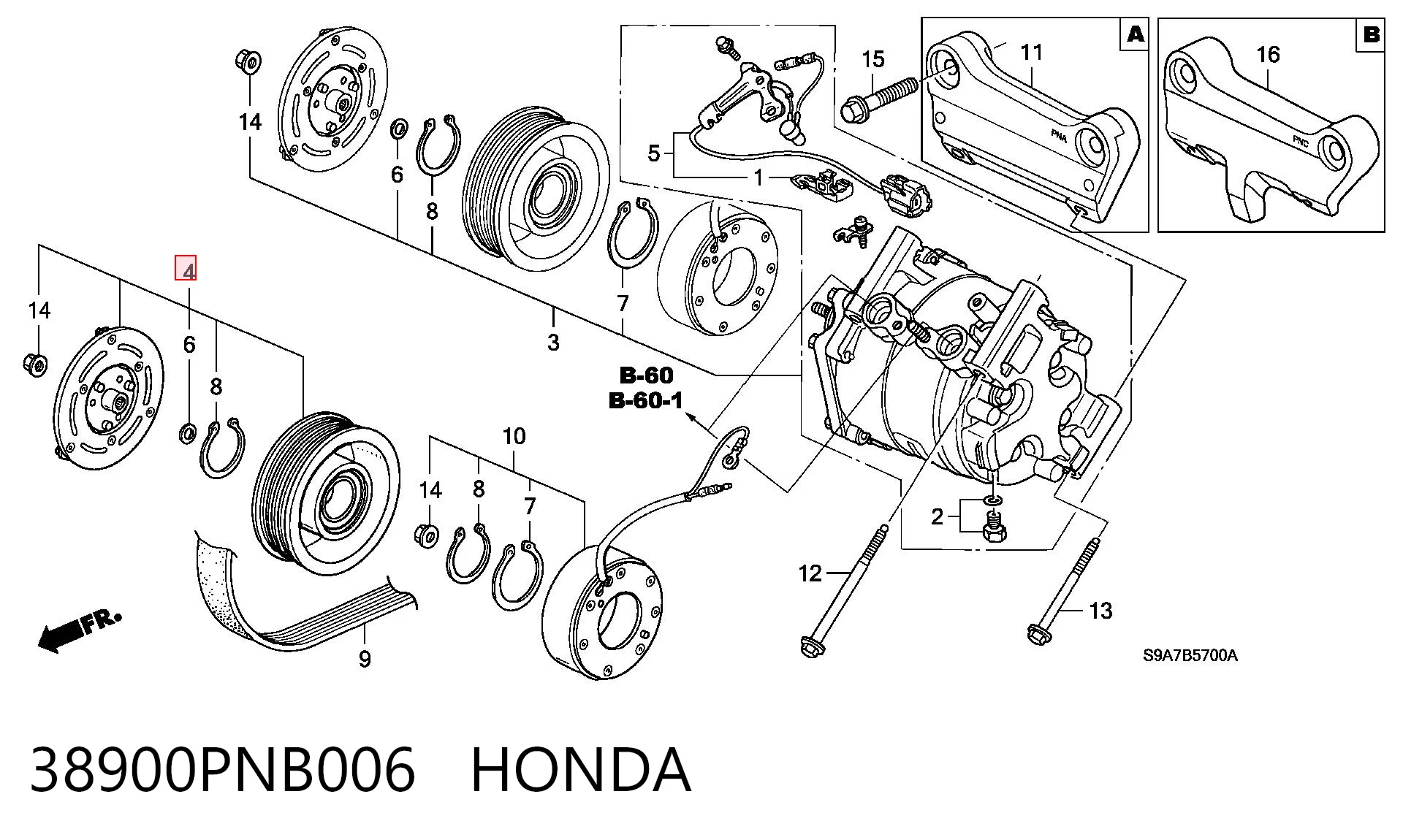 38900PNB006 Honda Polea del compresor del aire acondicionado