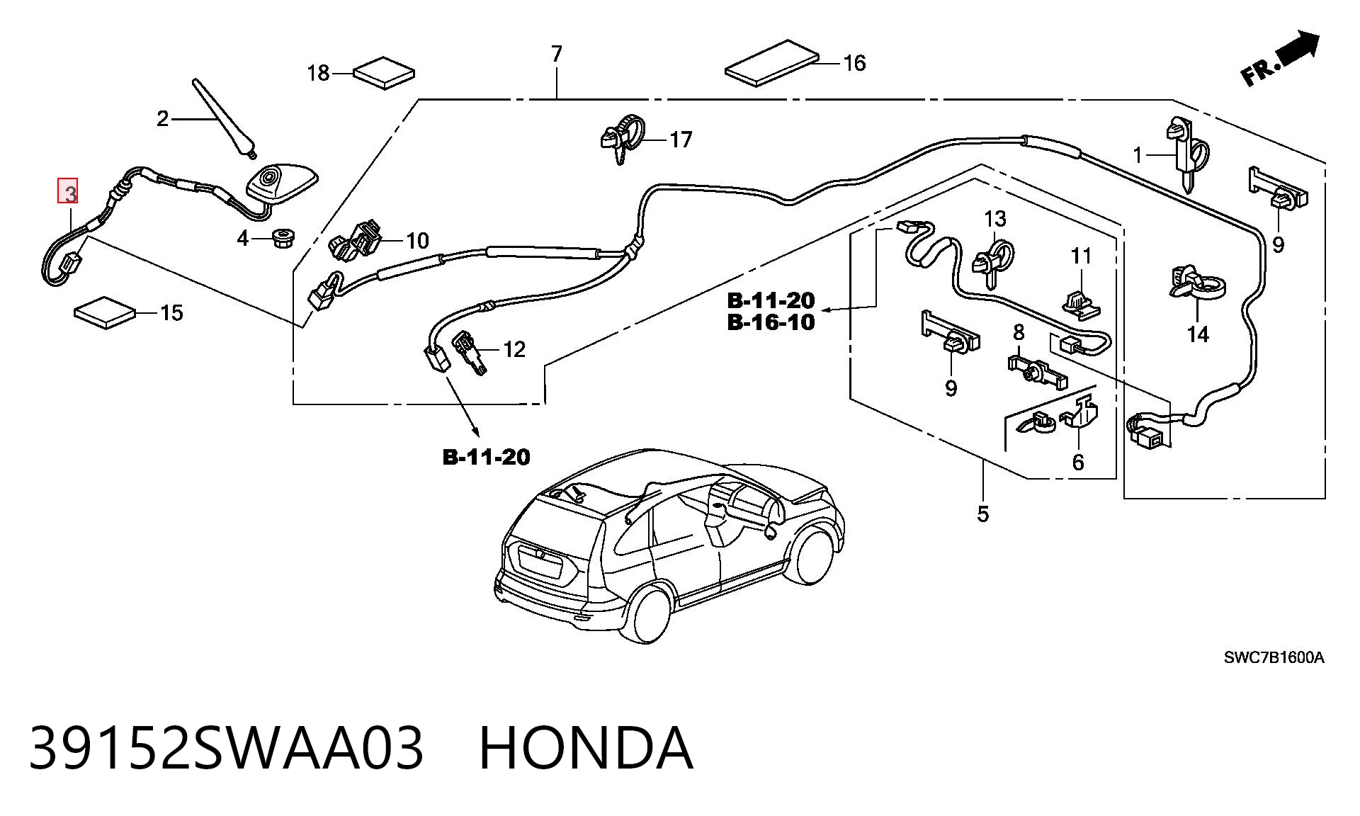 39152SWAA03 Honda Antena de tiburón
