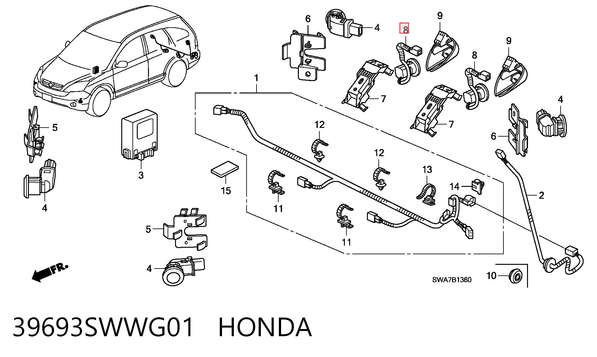 39693SWWG01 Honda Sensor alarma de estacionamiento trasero 