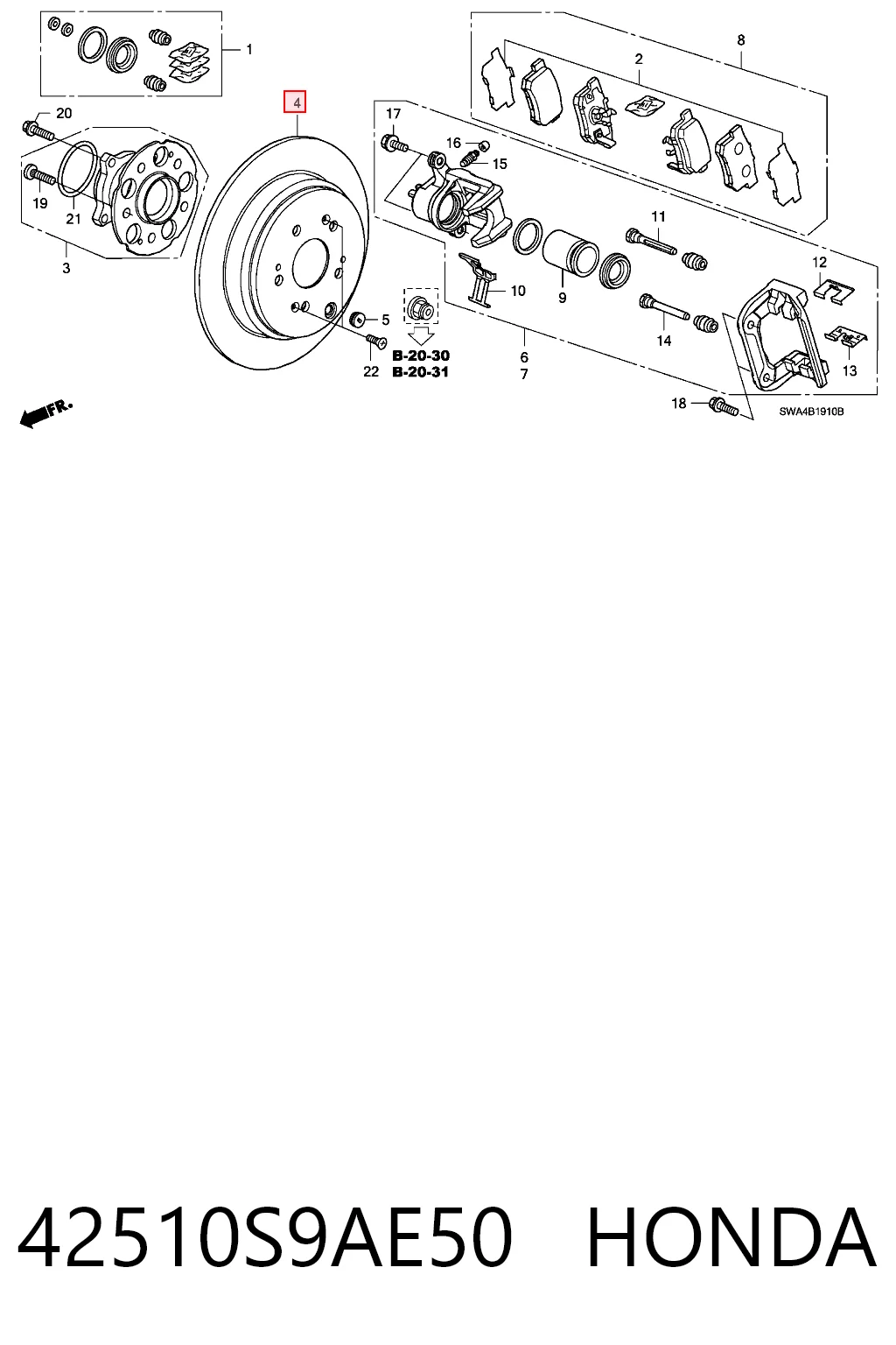 42510S9AE50 Honda Freno de disco trasero