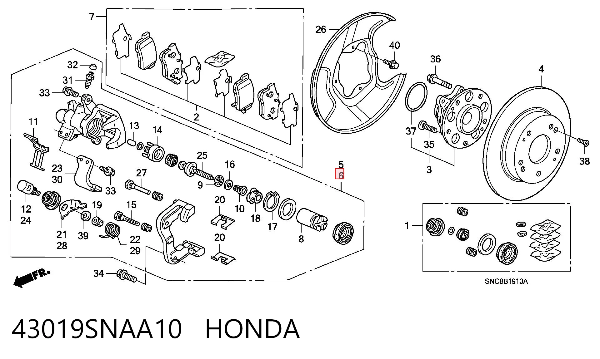 43019SNAA10 Honda Pinza de freno trasera izquierda
