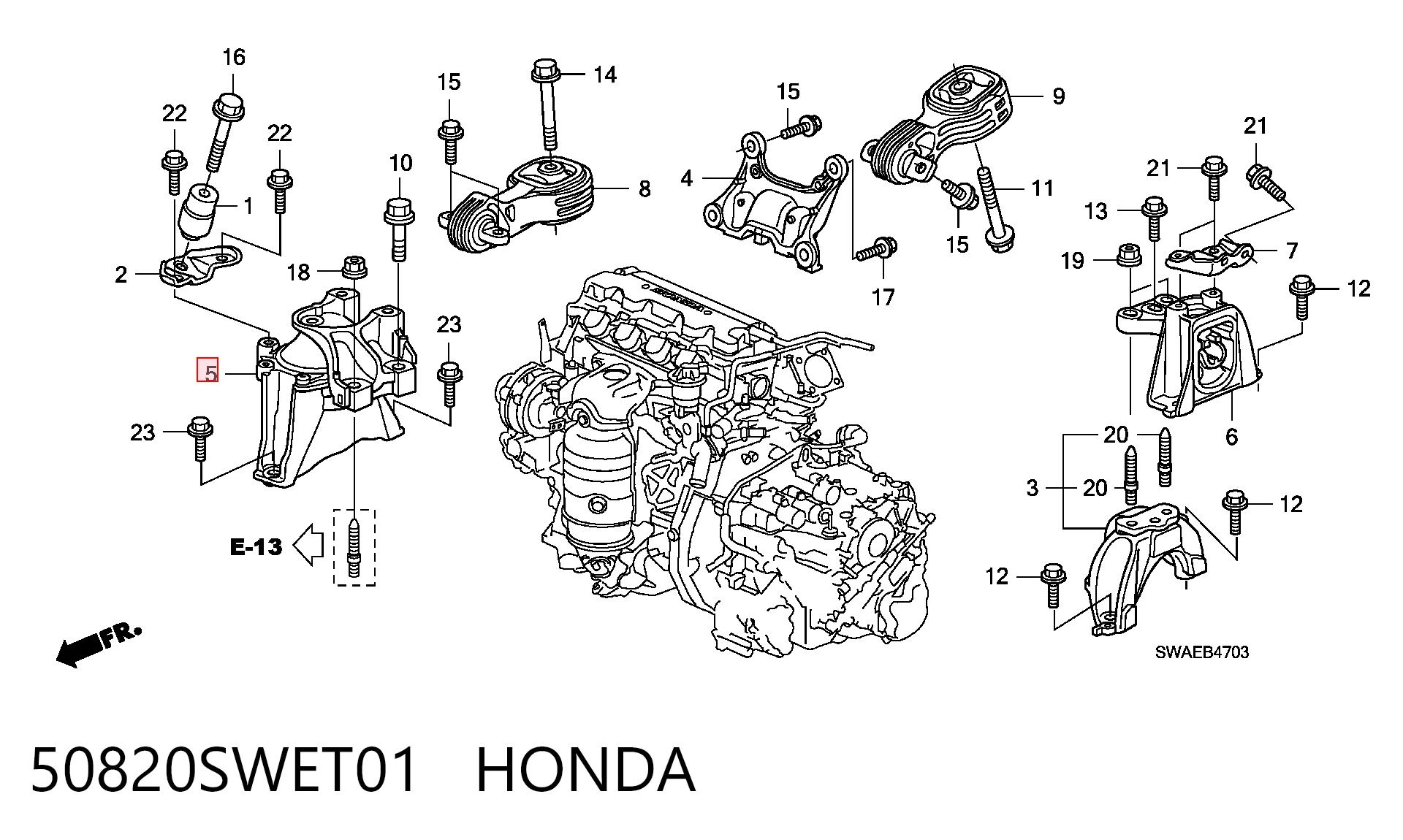 50820SWET01 Honda Soporte inferior derecho del motor