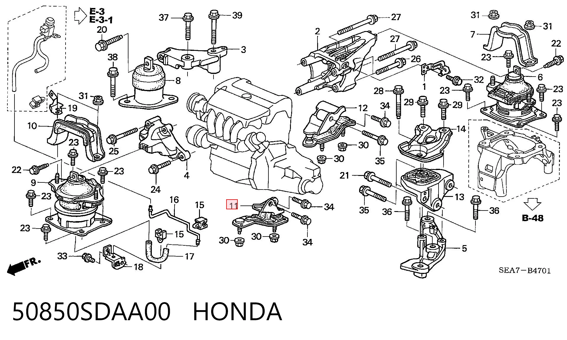 50850SDAA00 Honda Soporte delantero izquierdo del motor