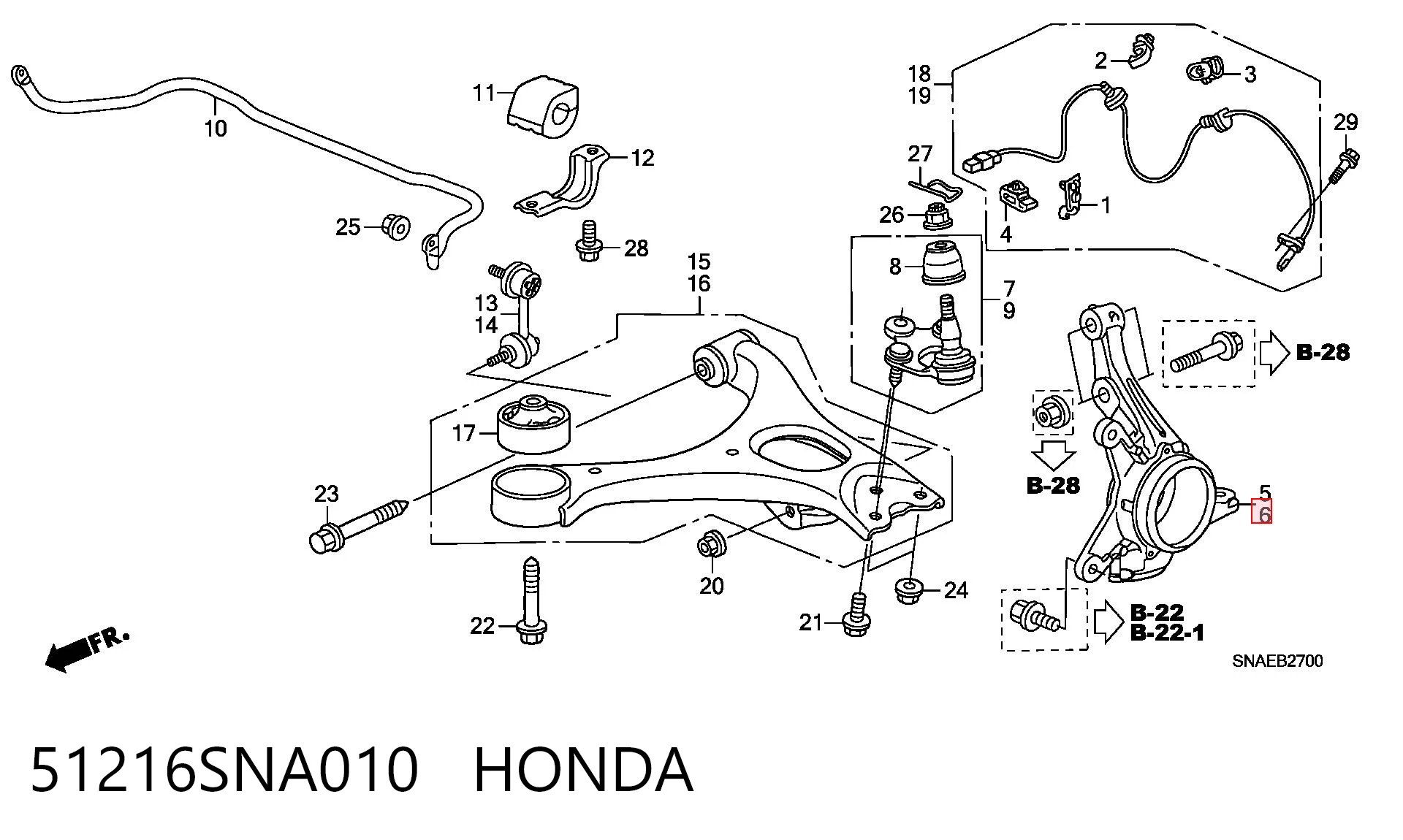 51216SNA010 Honda Mangueta delantera izquierda