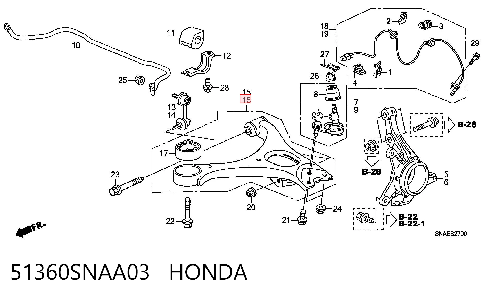 51360SNAA03 Honda Brazo inferior izquierdo de la suspensión delantera