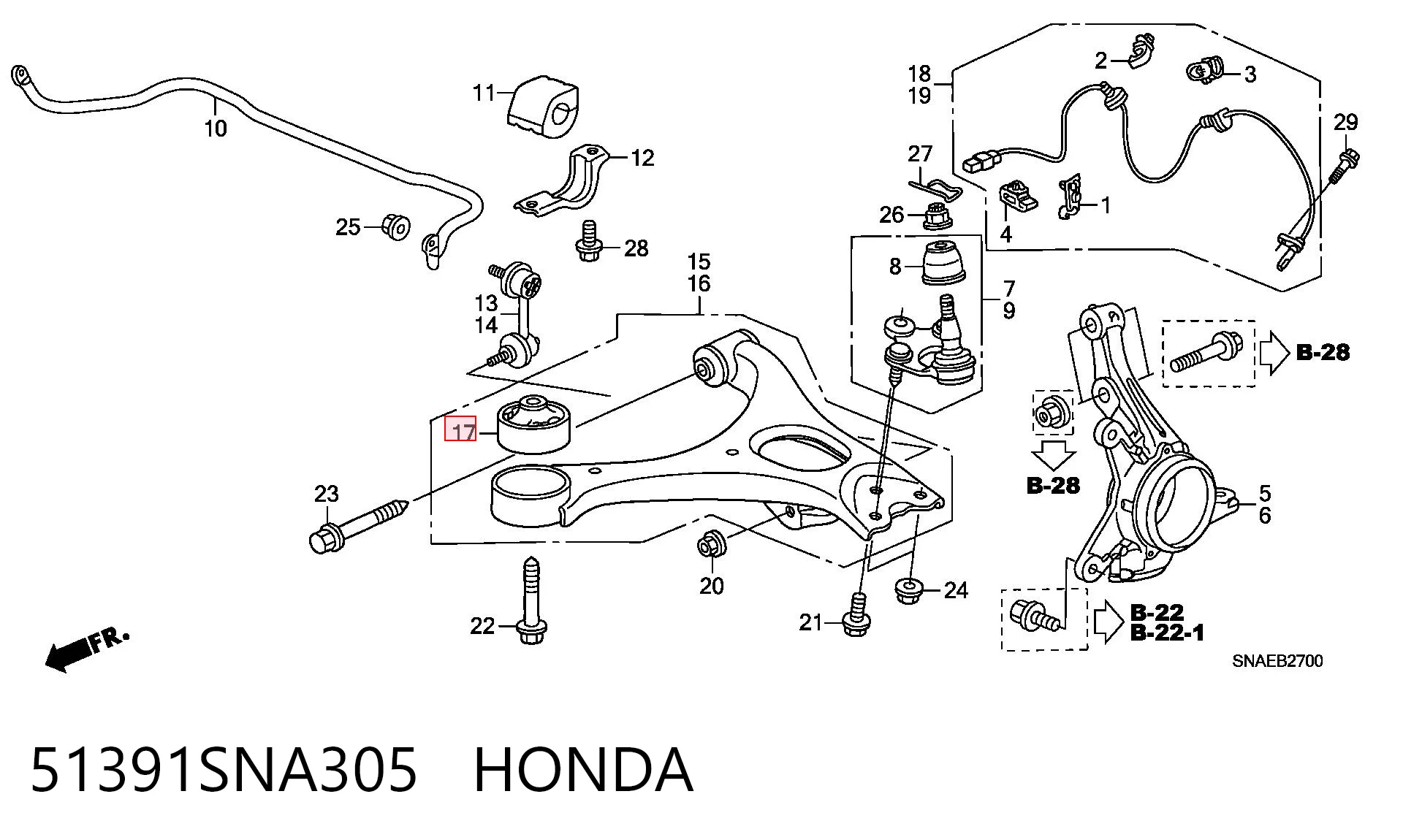 51391SNA305 Honda Silentblock de brazo de suspensión delantero inferior