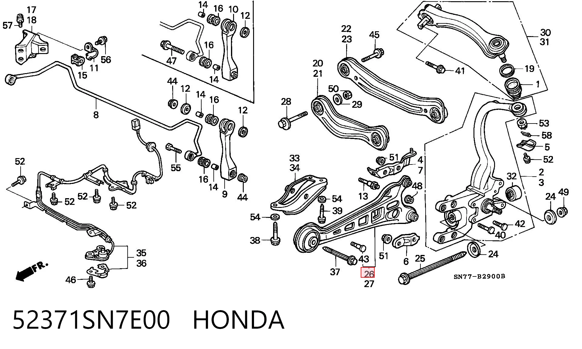 Brazo longitudinal inferior derecho de la suspensión trasera 52371SN7E00 HONDA