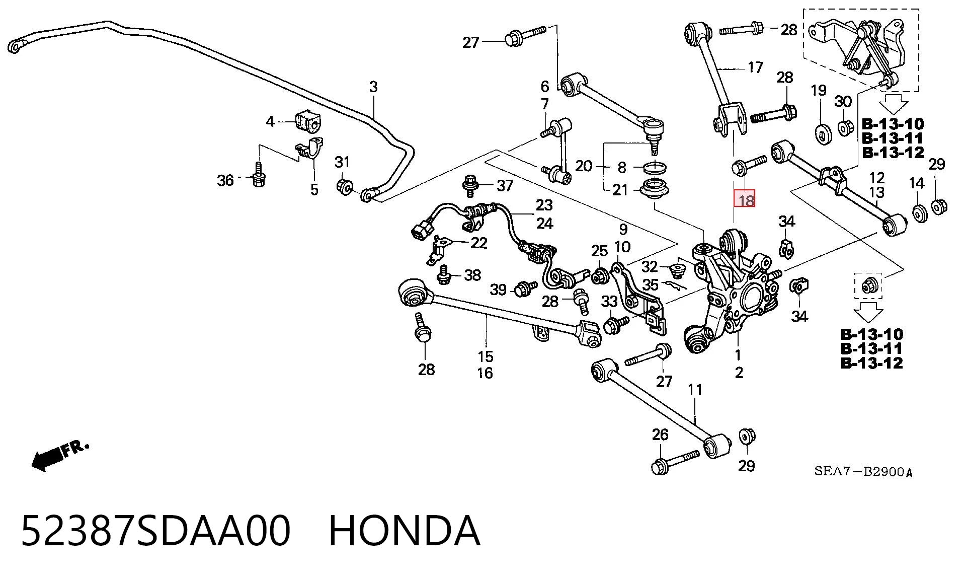 52387SDAA00 Honda Perno interior del brazo de caída trasero