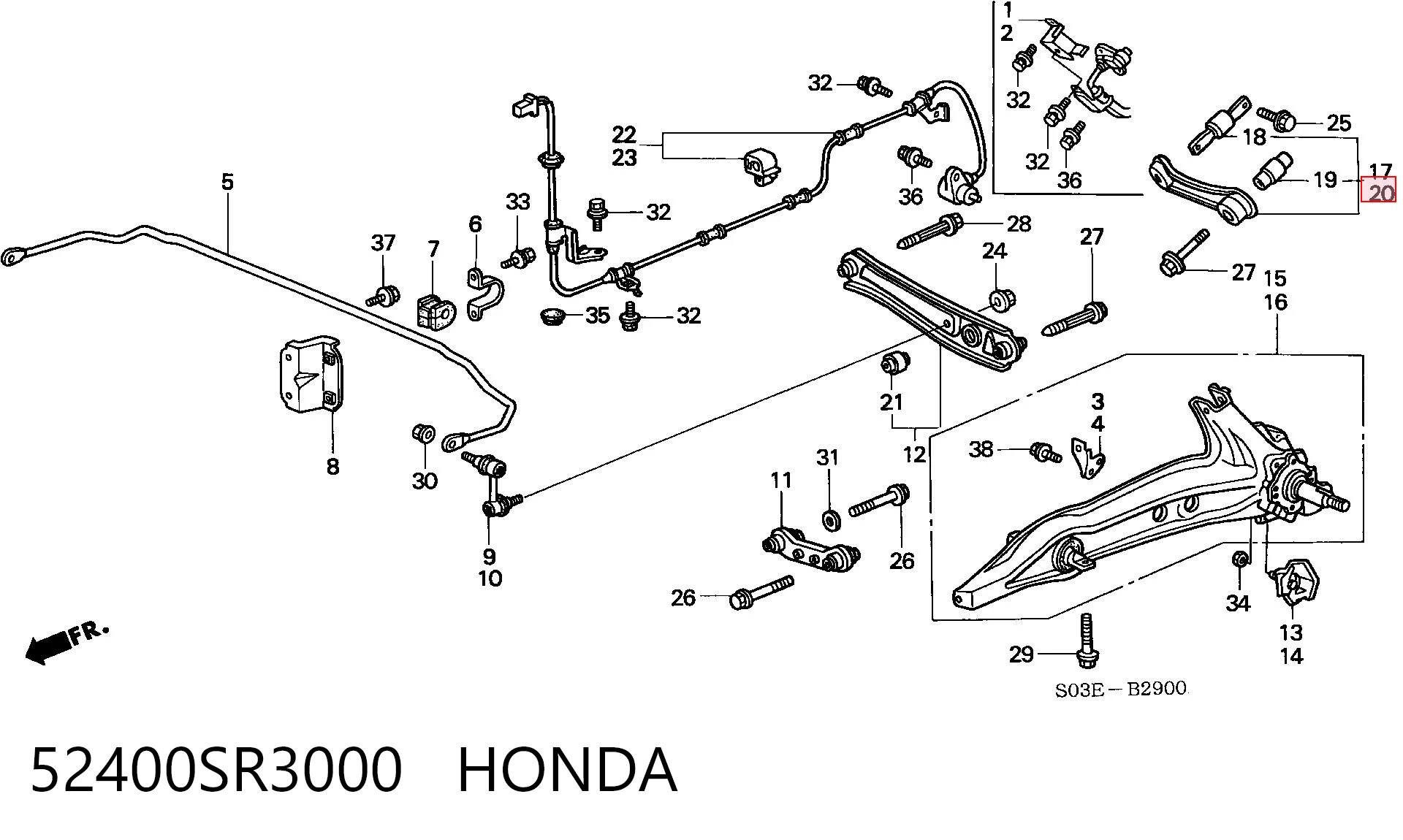 52400SR3000 Honda Brazo superior izquierdo de la suspensión trasera
