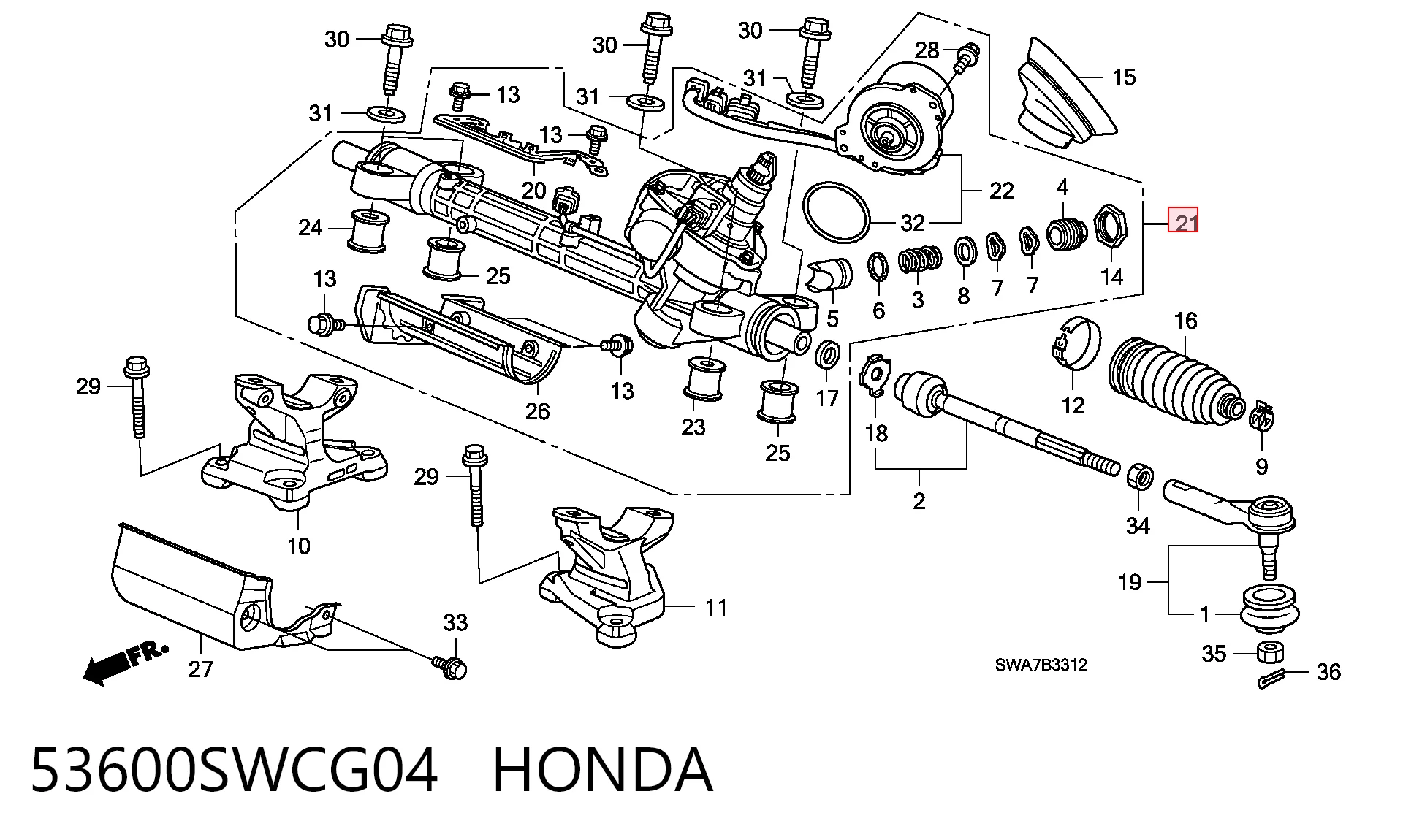 53600SWCG04 Honda Cremallera caja de direccion