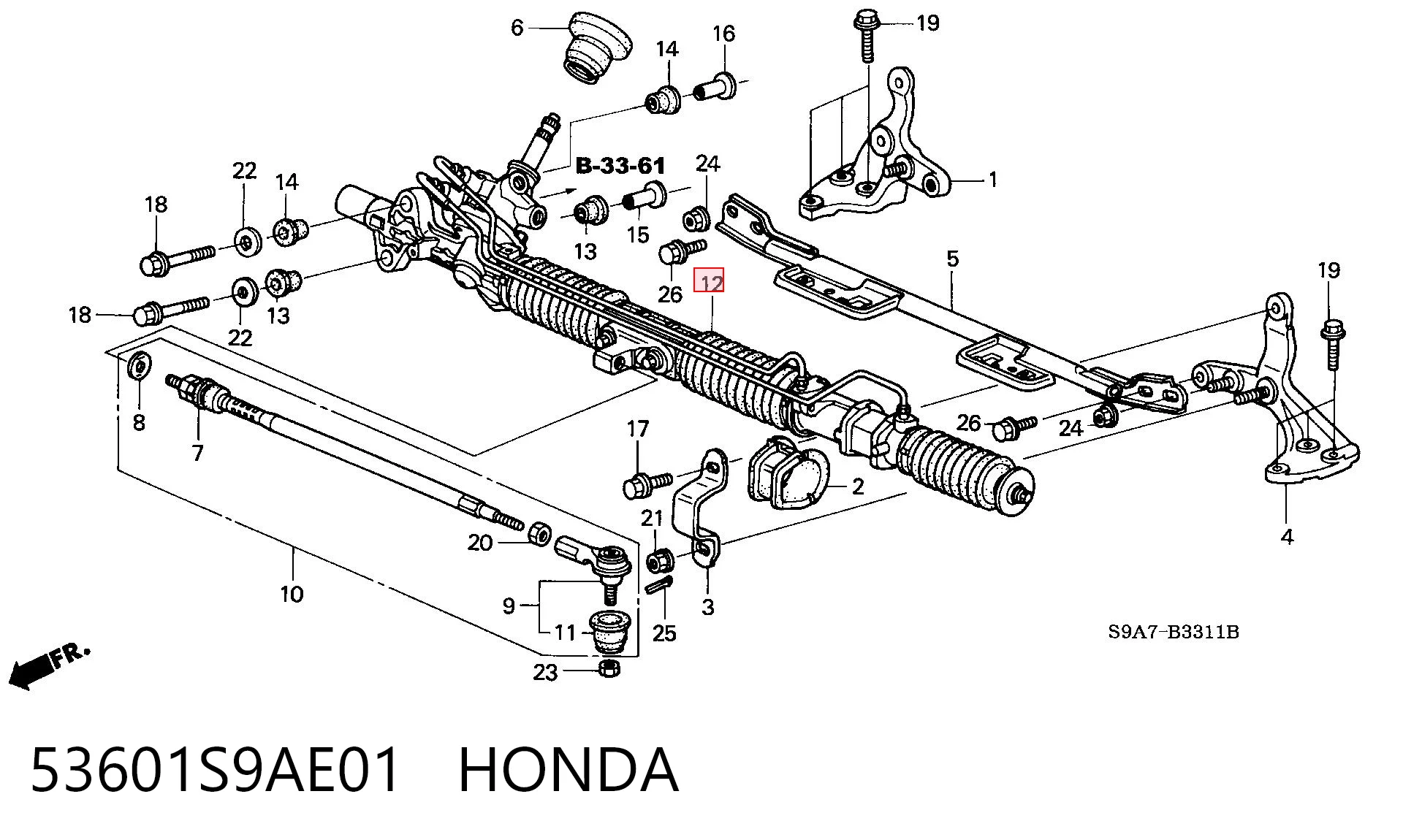 53601S9AE01 Honda Cremallera caja de direccion