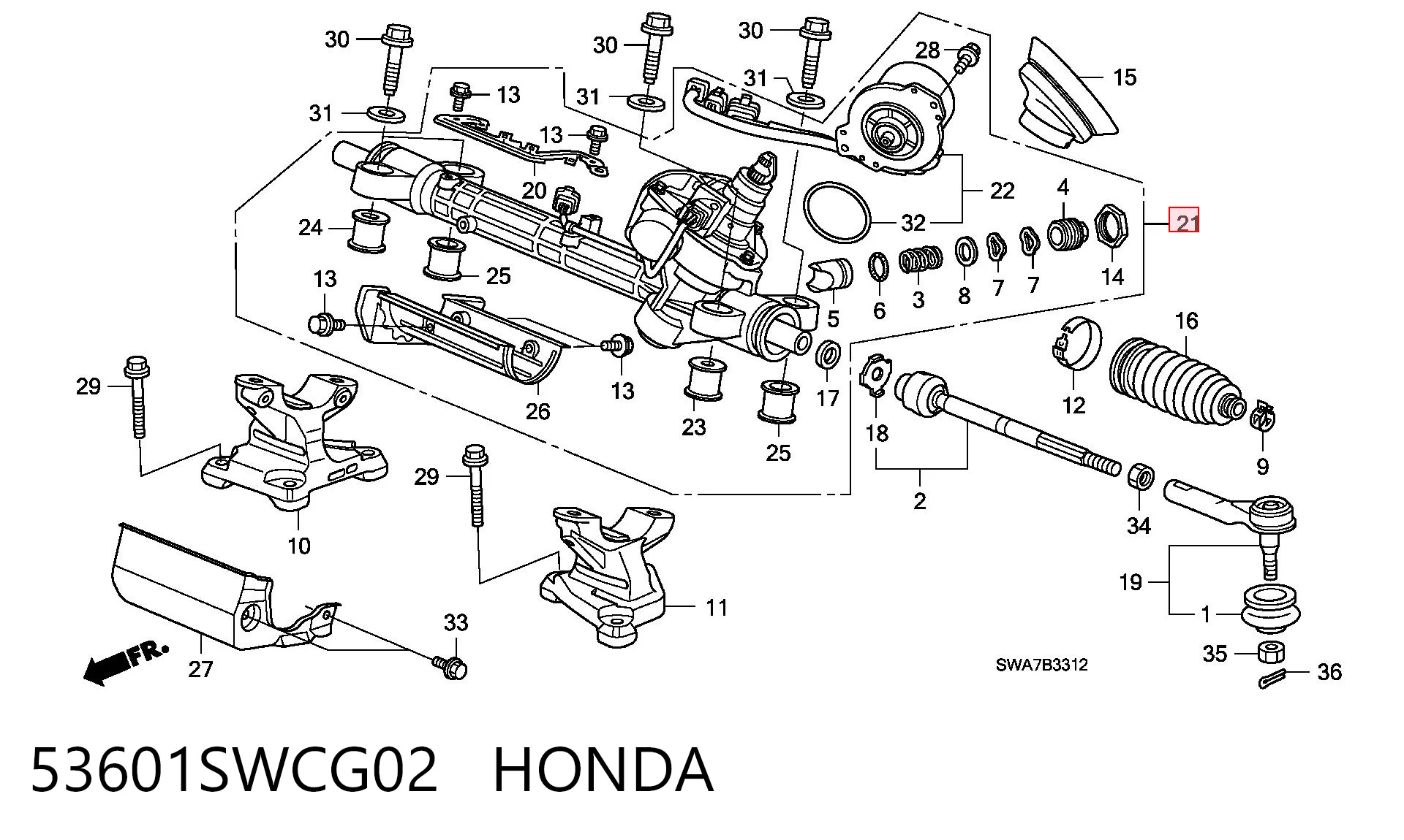 53601SWCG02 Honda Cremallera caja de direccion