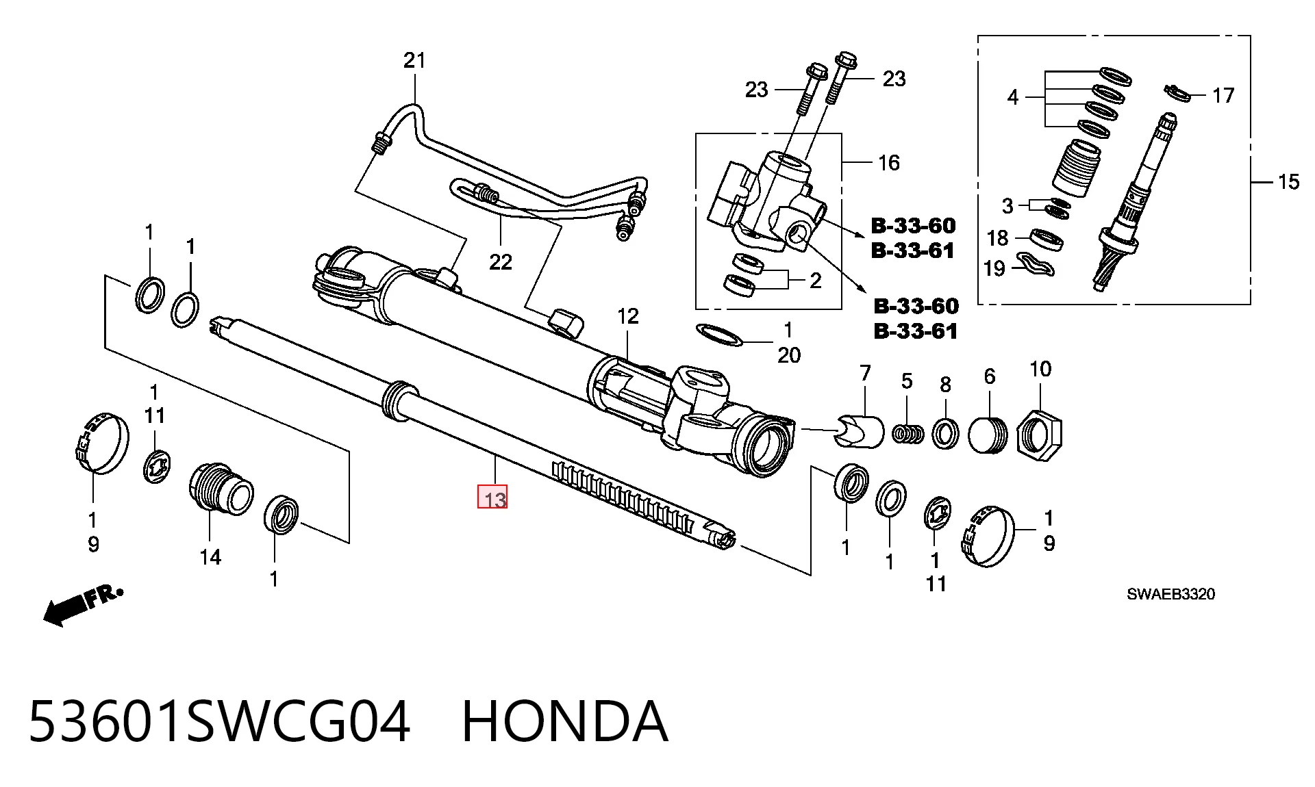 53601SWCG04 Honda Cremallera caja de direccion