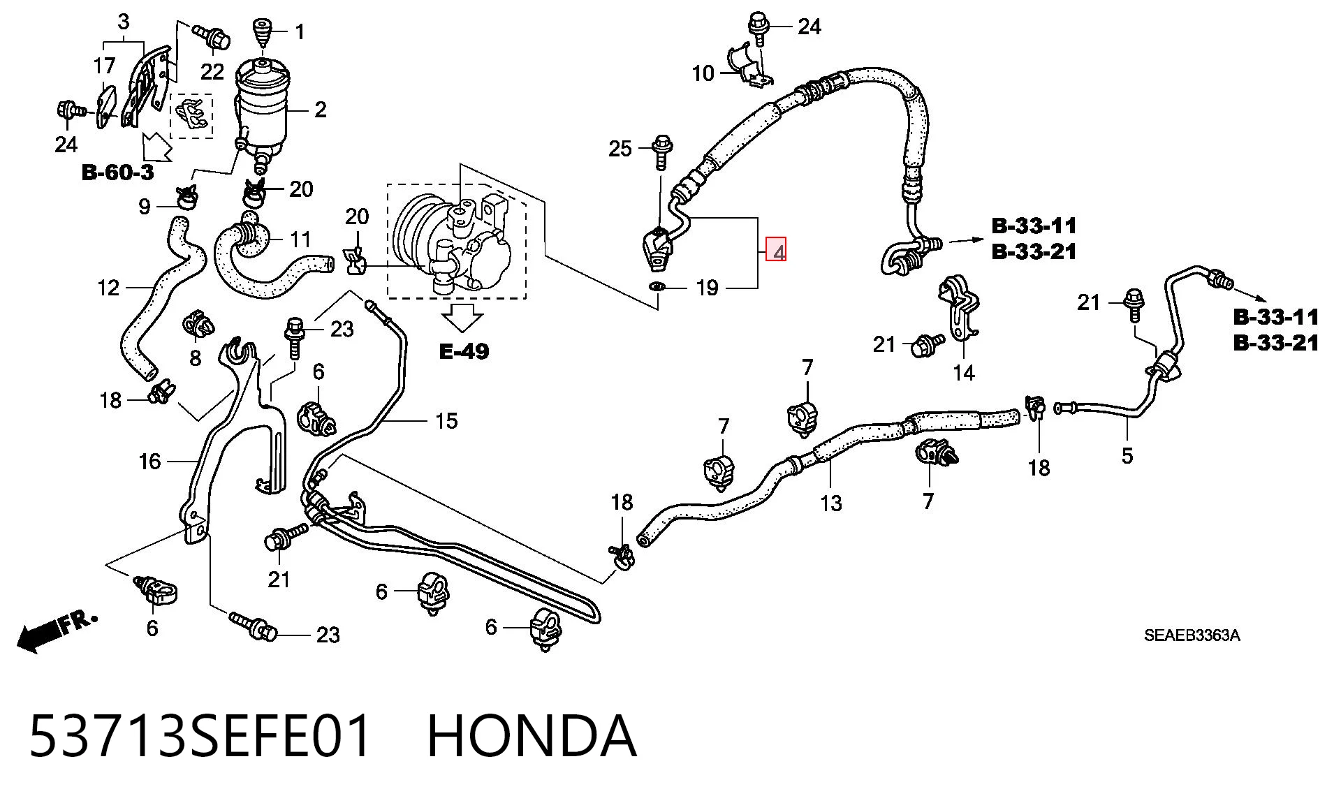 53713SEFE01 Honda Manguera hidráulica de alta presión, dirección