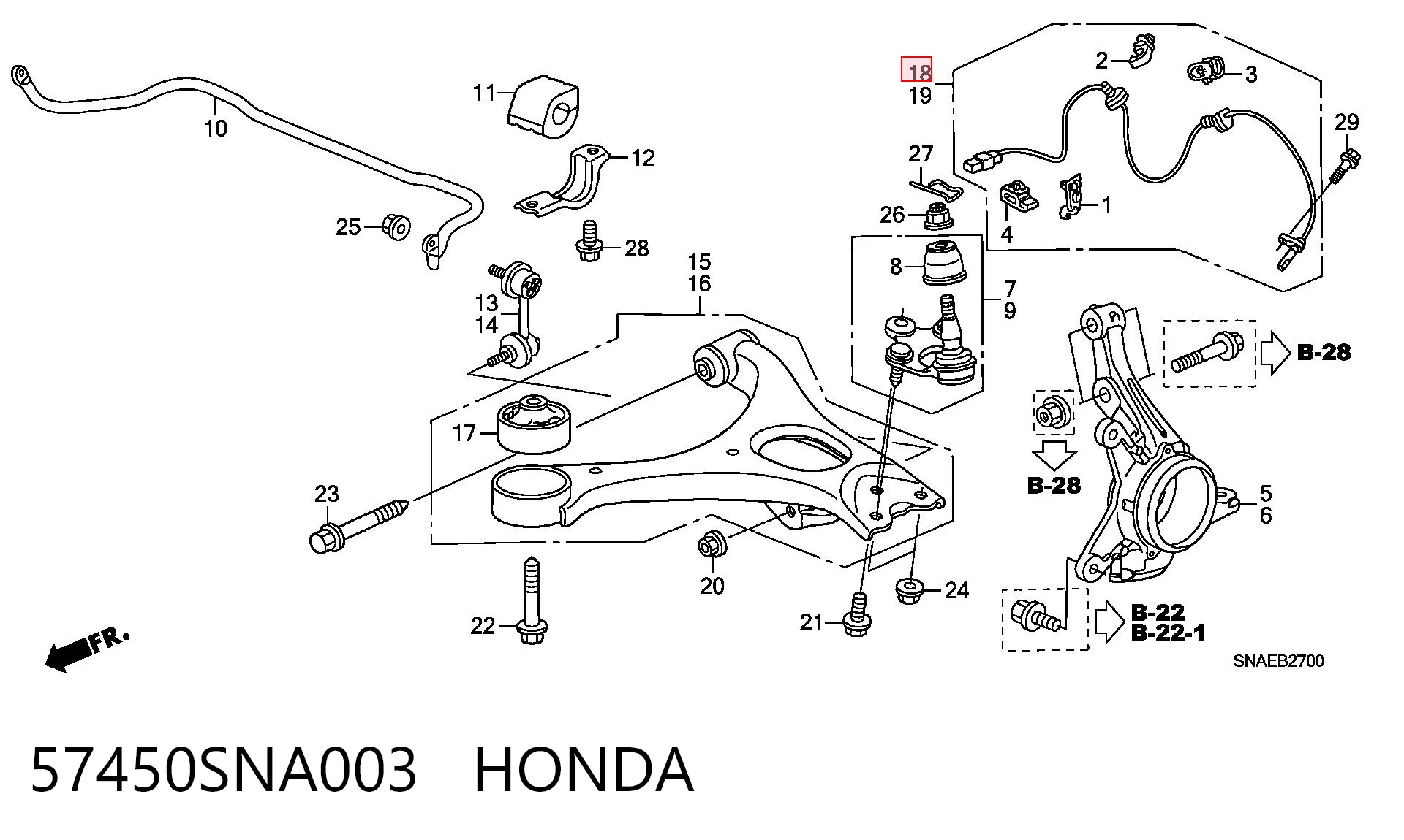 57450SNA003 Honda Sensor de freno, delantero derecho